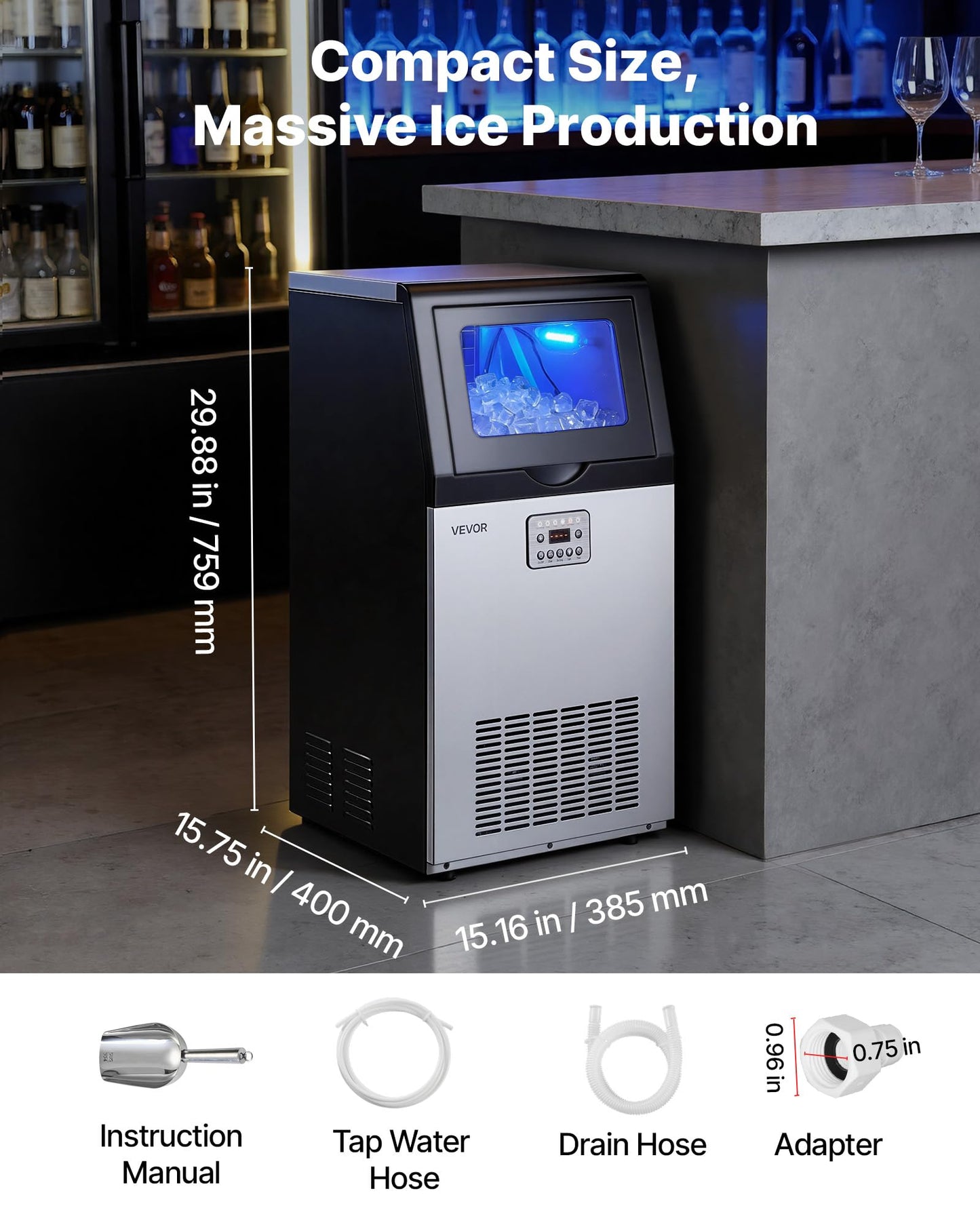 VEVOR Commercial Ice Maker Machine, 265 lbs/24h with 85 lbs Storage Capacity, Built-in/Freestanding/Under Counter, Stainless Steel Ice Maker with LED Display & Self-Cleaning, for Home Bar Restaurant