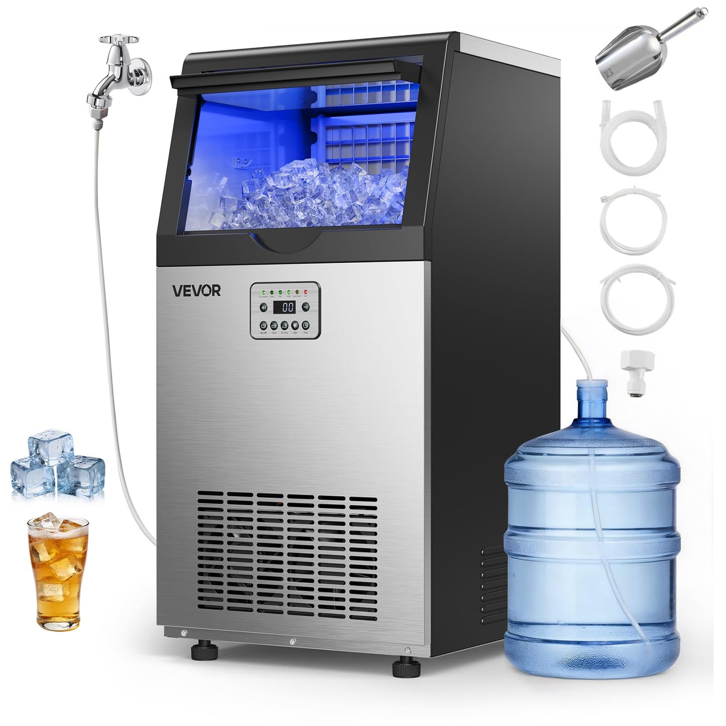 VEVOR Commercial Ice Maker Machine, 265 lbs/24h with 85 lbs Storage Capacity, Built-in/Freestanding/Under Counter, Stainless Steel Ice Maker with LED Display & Self-Cleaning, for Home Bar Restaurant