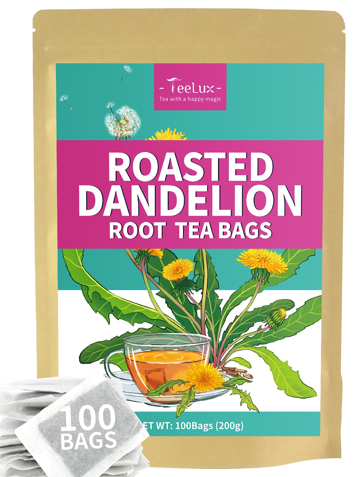 TeeLux Chamomile Tea Bags, 1.5g/bag, Pure Natural Chamomile Flowers Herbal Tea, Caffeine Free, 100 Count