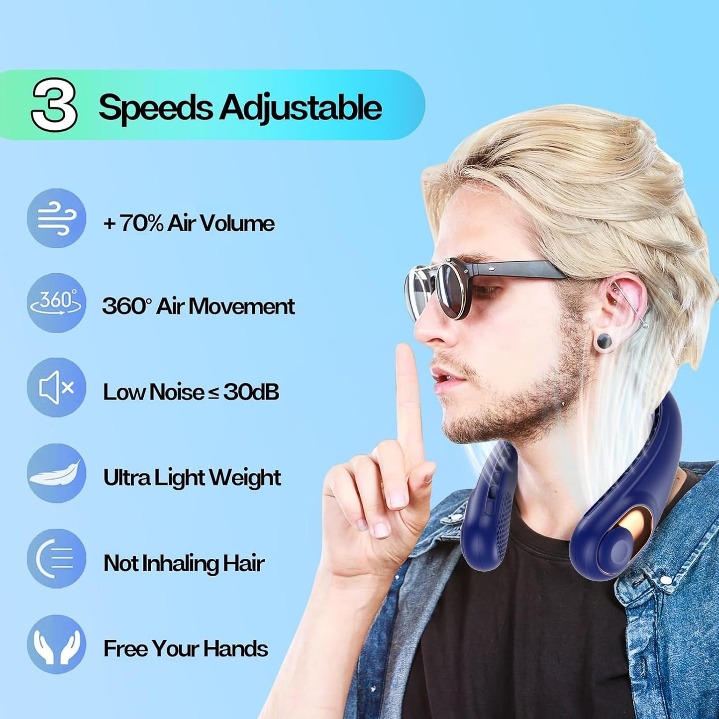KIDEE Neck Fan, Bladeless Neck Fans Portable Rechargeable, Upgrade 360° Airflow, 3 Speeds, Headphone Design, 4000mAh Battery Operated Personal Wearable Fan Hands Free for Travel Indoor Outdoor