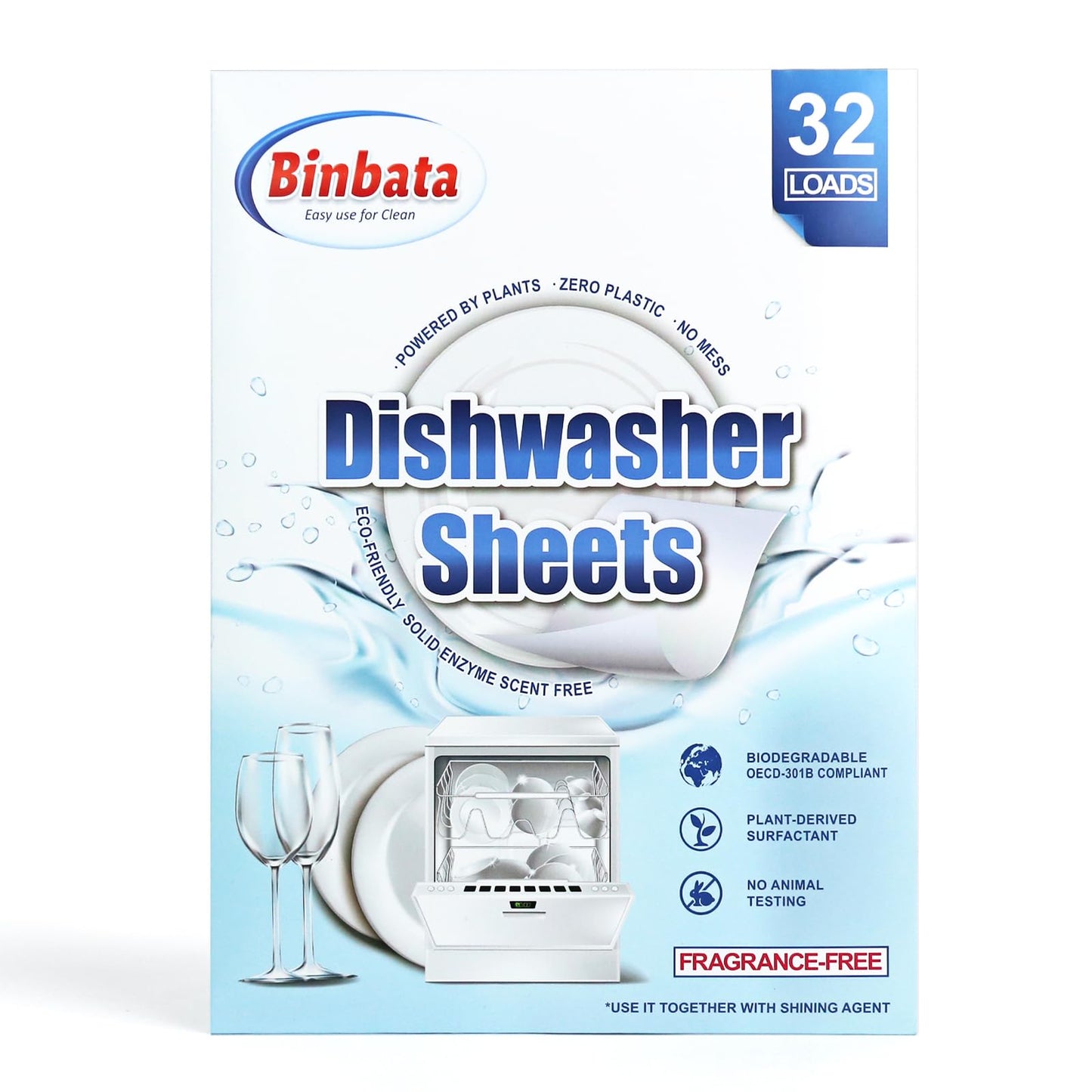 Binbata Eco Dishwasher Detergent Sheets Up To 160 Loads, Grapefruit Scent Plastic Free Dishwashing Soap Strips With High Efficient Solid Enzyme, Leaving Dishes Sparkling Clean