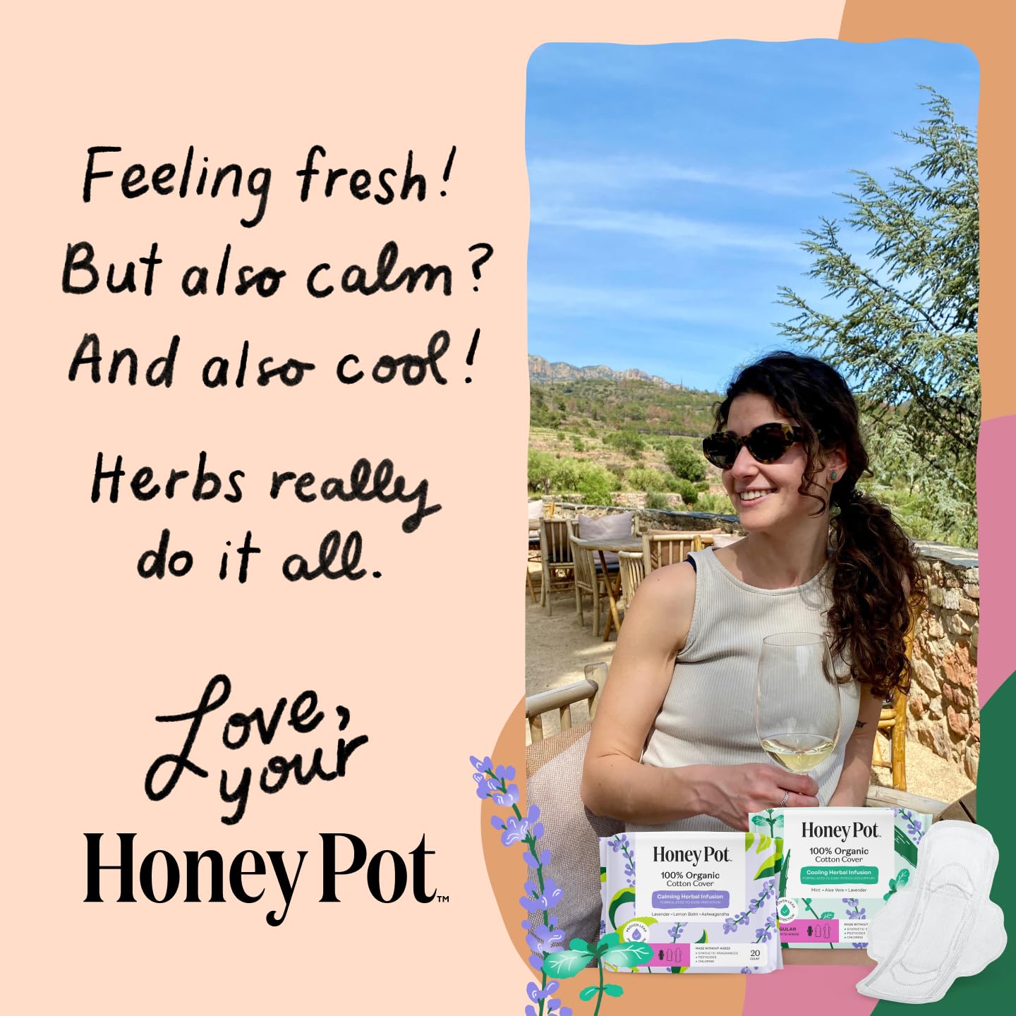 Honey Pot - Calming Herbal Super Sanitary Pads for Women - 100% Organic Cotton Top Sheet - Feminine Care - Non Cooling - Calming Herbs of Lavender, Ashwagandha, & Lemon Balm - 16ct