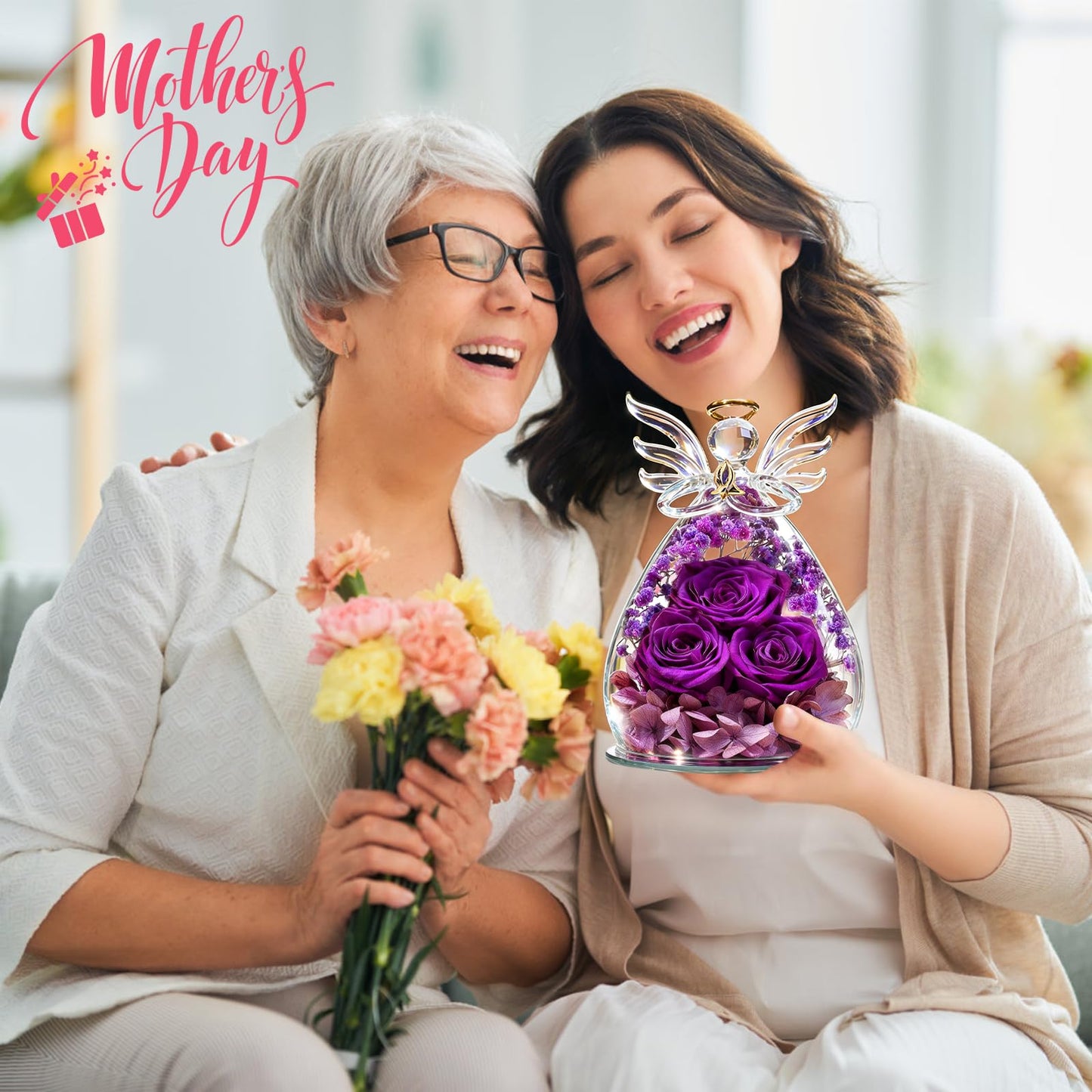 Beferr Mothers Day Mom Birthday Gifts for Women, Fresh Flowers for Delivery Forever Preserved Rose in Glass Angel Figurine, Anniversary Christian Real Rose for Grandma Nana Wife Mum from Daughter Son