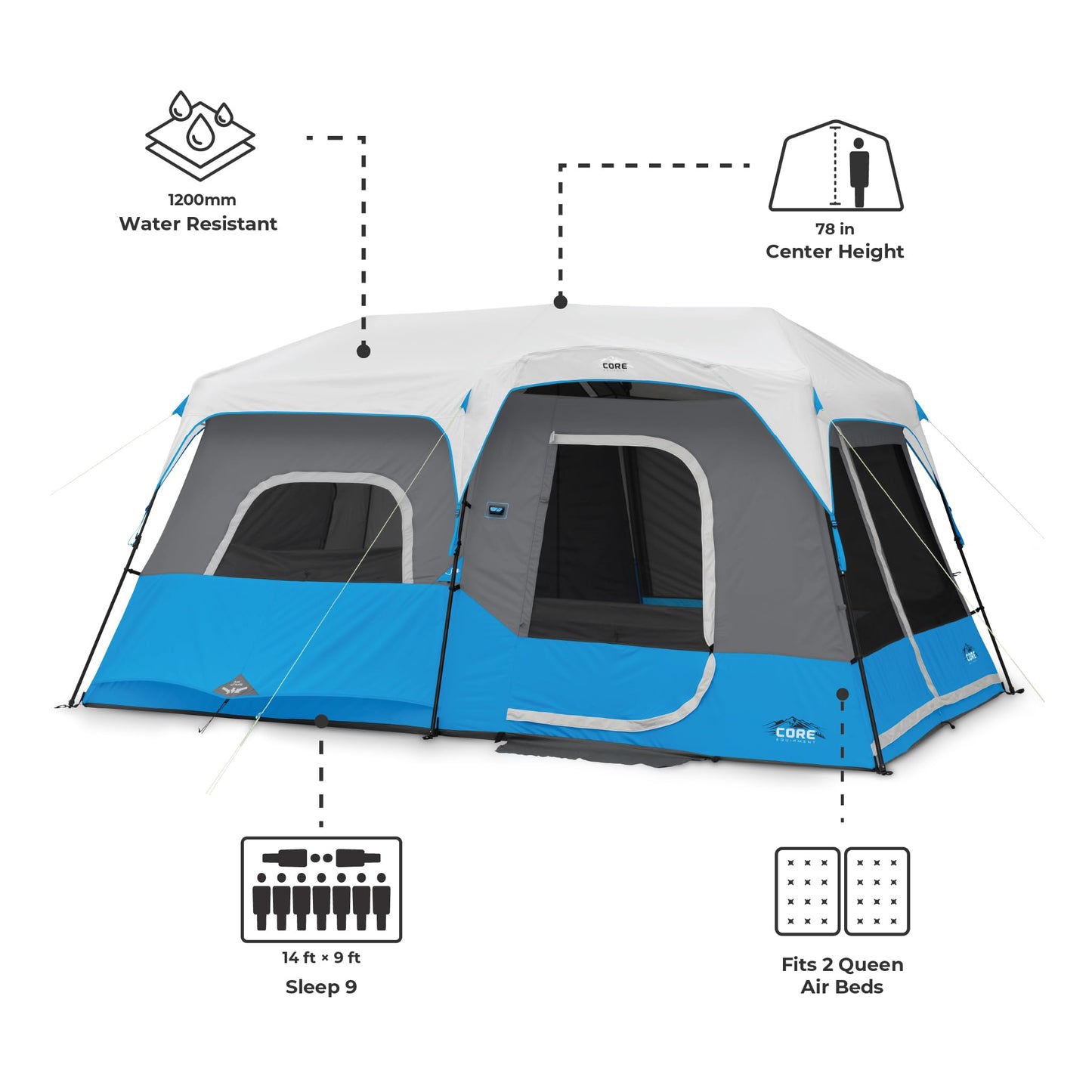 CORE Instant Cabin Tents with LED Lights | Family Multi Room Lighted Pop Up Tents for Camping | Included Storage Pockets for Camping Accessories