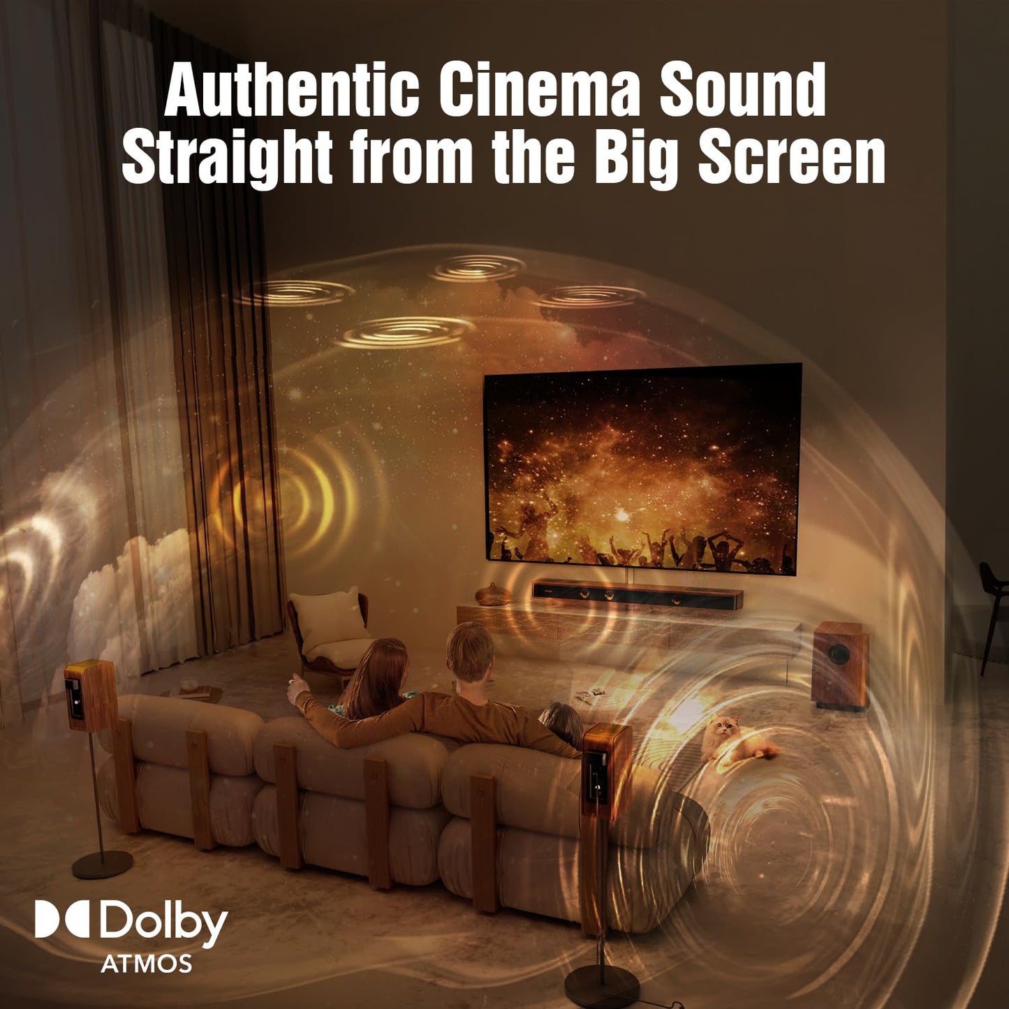 Flagship 5.3.4 Surround Sound System with Dolby Atmos, Soundbar with 2 Wireless Surrounds, 28Hz BassCoupling Tech, 800W Home Theater Sound Bar for Smart TV w/eARC, BT 5.4, Color: Brown