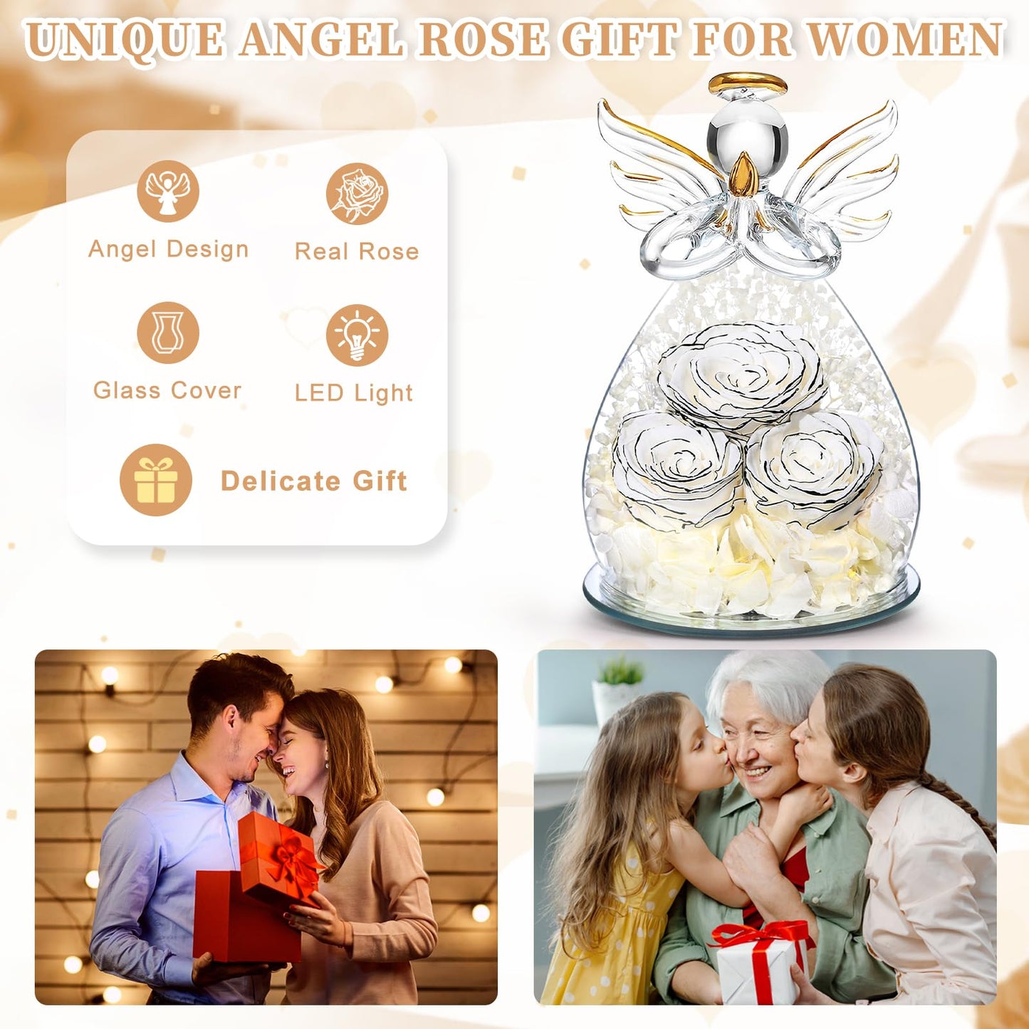 Beferr Mothers Day Mom Birthday Gifts for Women, Fresh Flowers for Delivery Forever Preserved Rose in Glass Angel Figurine, Anniversary Christian Real Rose for Grandma Nana Wife Mum from Daughter Son