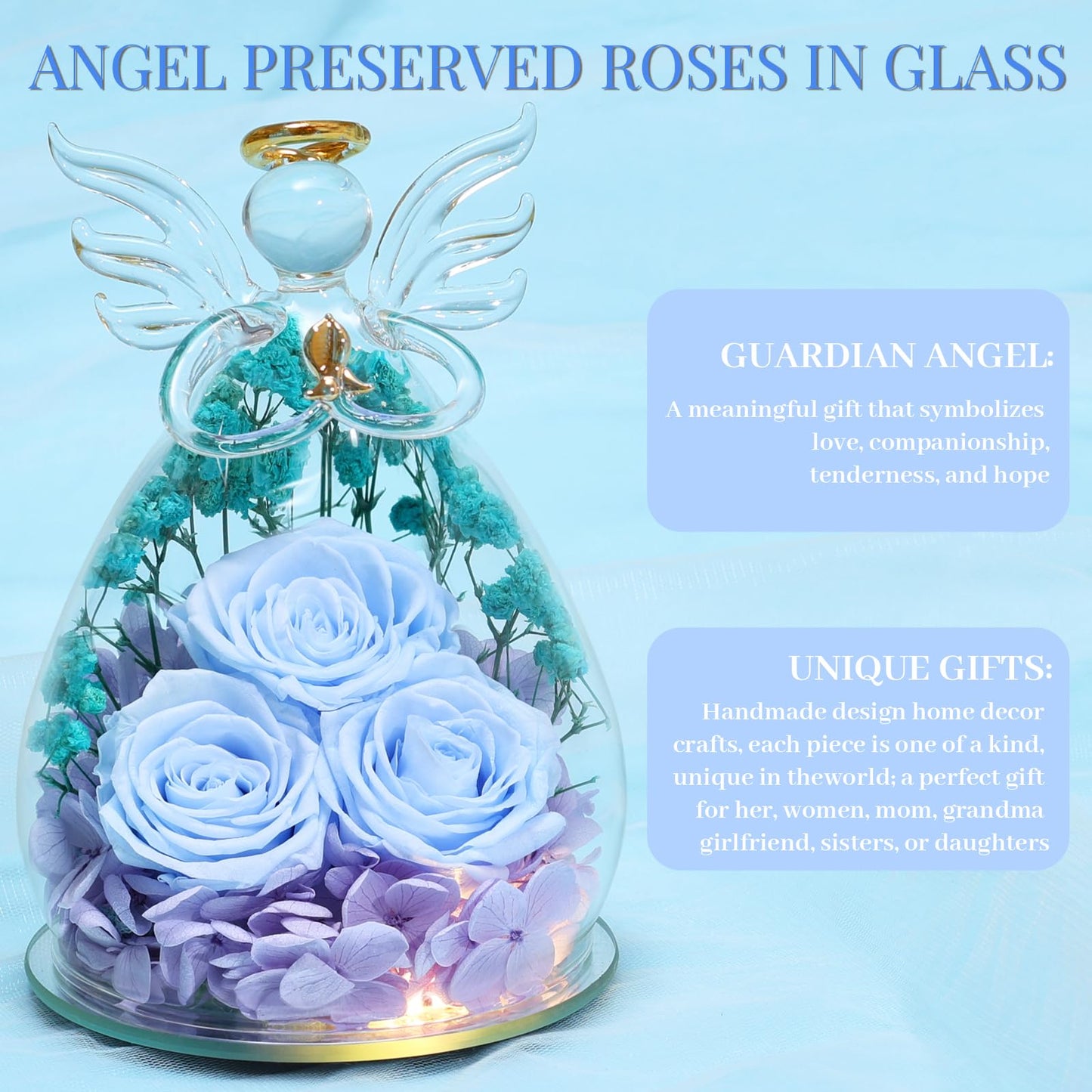 Beferr Mothers Day Mom Birthday Gifts for Women, Fresh Flowers for Delivery Forever Preserved Rose in Glass Angel Figurine, Anniversary Christian Real Rose for Grandma Nana Wife Mum from Daughter Son