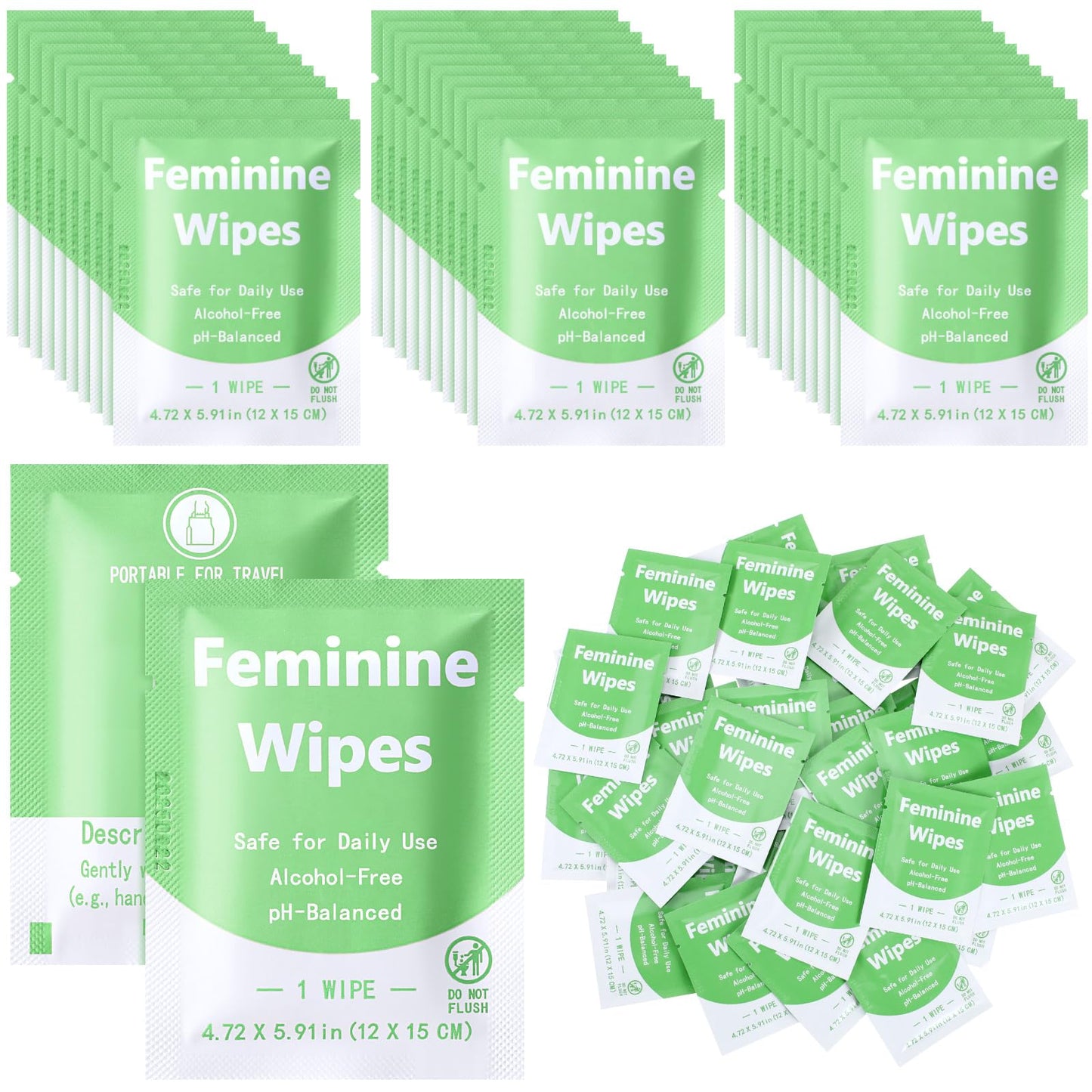300 Pieces Feminine Wipes Individually Wrapped Women Travel Size Bulk Unscented Intimate Wipes Mild Private Parts Ph Balanced for Travel Bathroom Toilet Daily(Green)