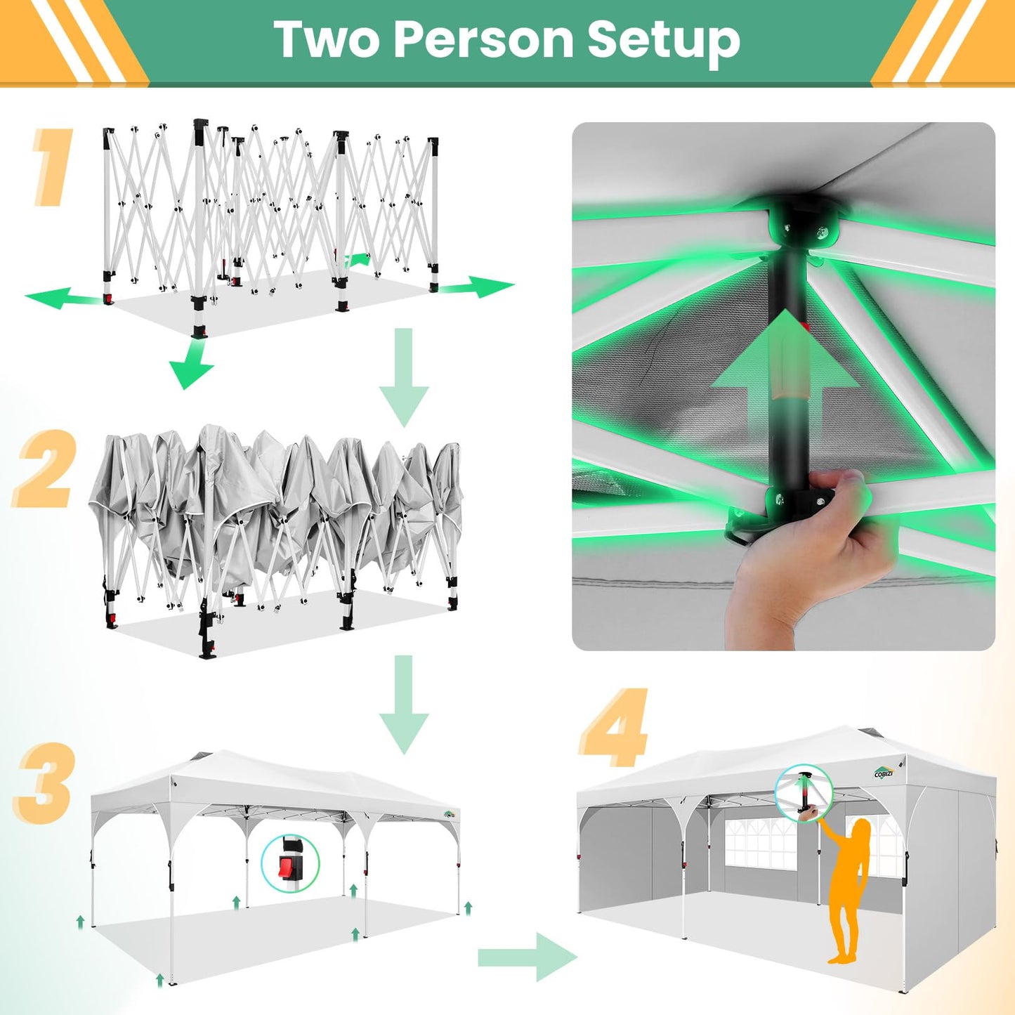 COBIZI 10x20 Pop Up Canopy Tent, Outdoor Party Tent with 4 Sidewalls, 1 Person Easy Set up, Tents for Parties with Fluorescent Strip & 4 Sandbags, Waterproof UPF50+, 3 Adjustable Height, Gray