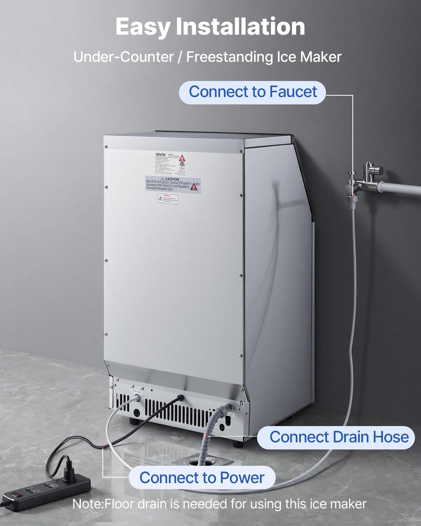 VEVOR Commercial Ice Maker Machine, 265 lbs/24h with 85 lbs Storage Capacity, Built-in/Freestanding/Under Counter, Stainless Steel Ice Maker with LED Display & Self-Cleaning, for Home Bar Restaurant