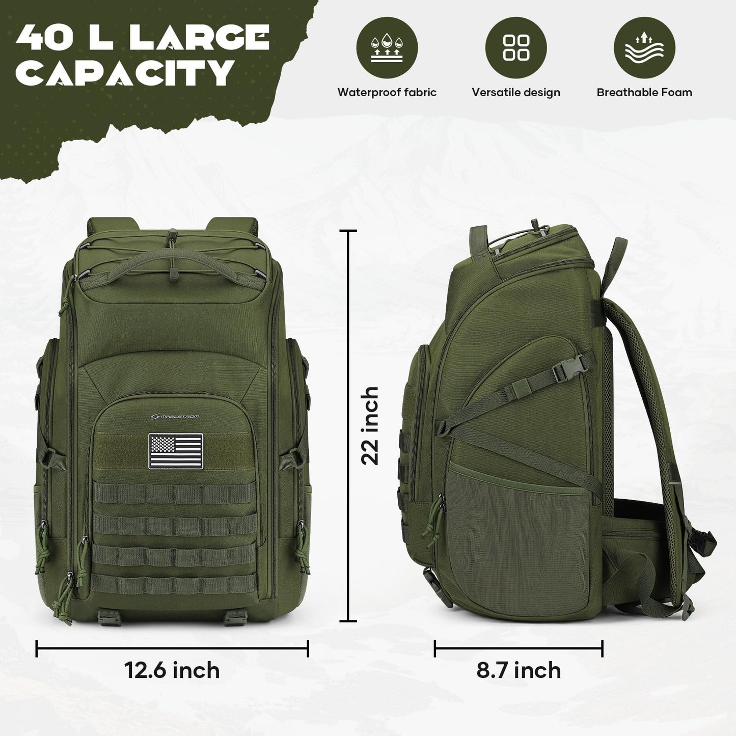 Maelstrom Tactical Backpack for Men, Water Resistant 40L Military Backpack, for Hiking, Camping, Gym with Molle System (Khaki)