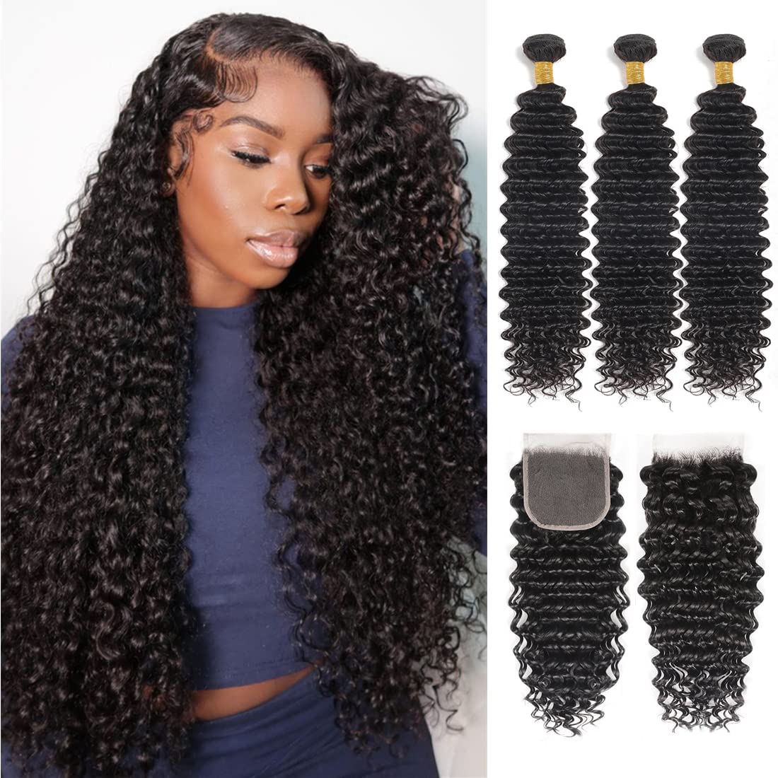 Closure with Bundles (16 18 20 22+14 Closure) Free Part Deep Wave 4 Bundles with 4x4 Lace Closure 100% Unprocessed Brazilian Virgin Remy Hair Curly Bundles Hair Extension Double Weft Natural Color