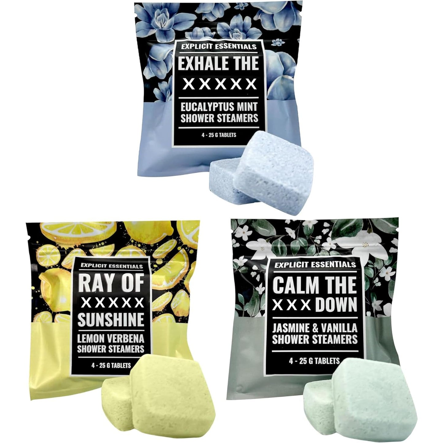 Explicit Essentials Shower Steamers Gift Set | 4 Funny Handmade Aromatherapy Shower Bombs | Relaxation & Stress Relief Spa Gift for Self-Care, Birthdays & Holidays