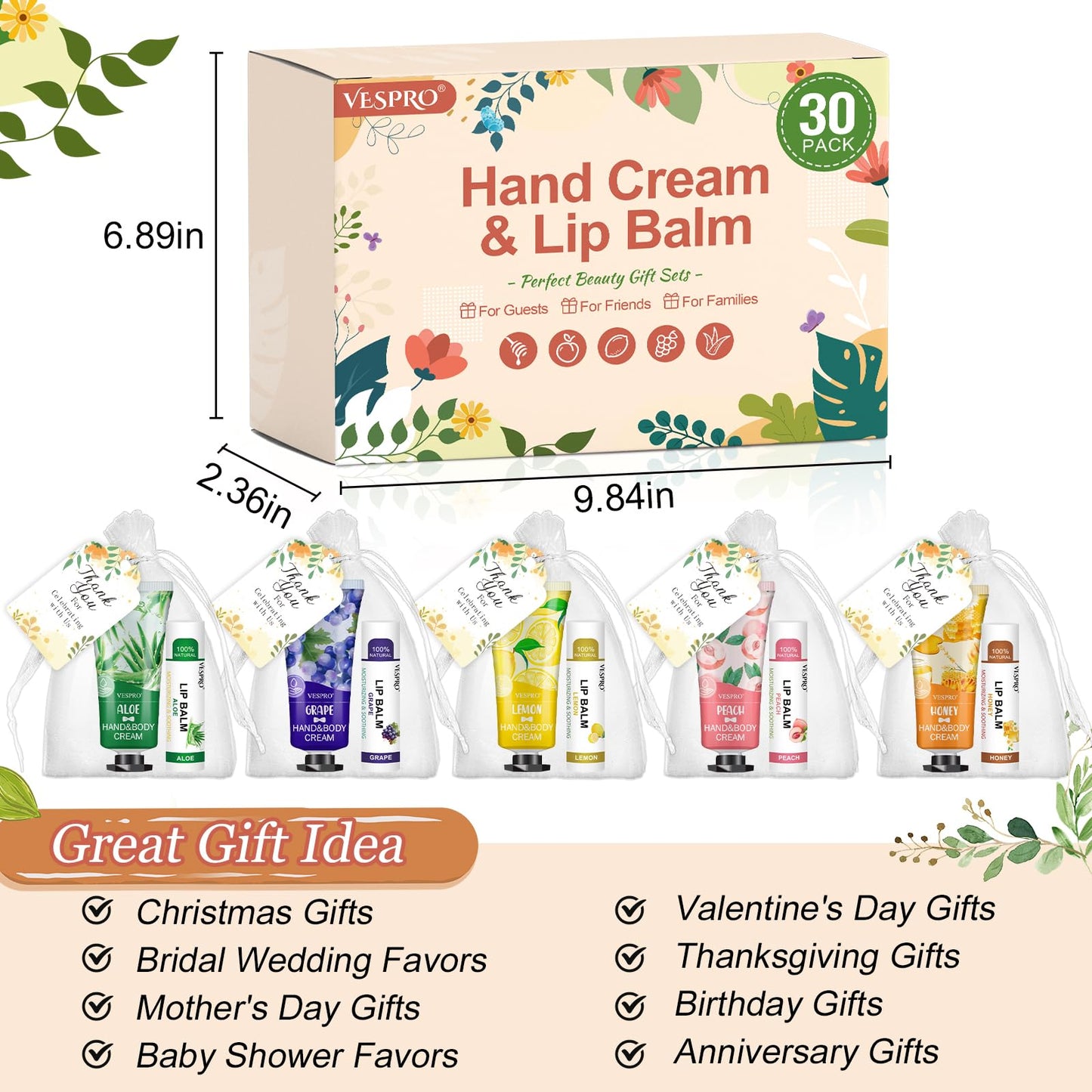 VESPRO 30 Pack Bulk Hand Cream and Bulk Lip Balm Sets, Mothers Day Gifts, Wedding Favors for Guests with Thank You Card and Organza Bags, Birthday Gift, Teacher Appreciation Gifts and Nurse Gift