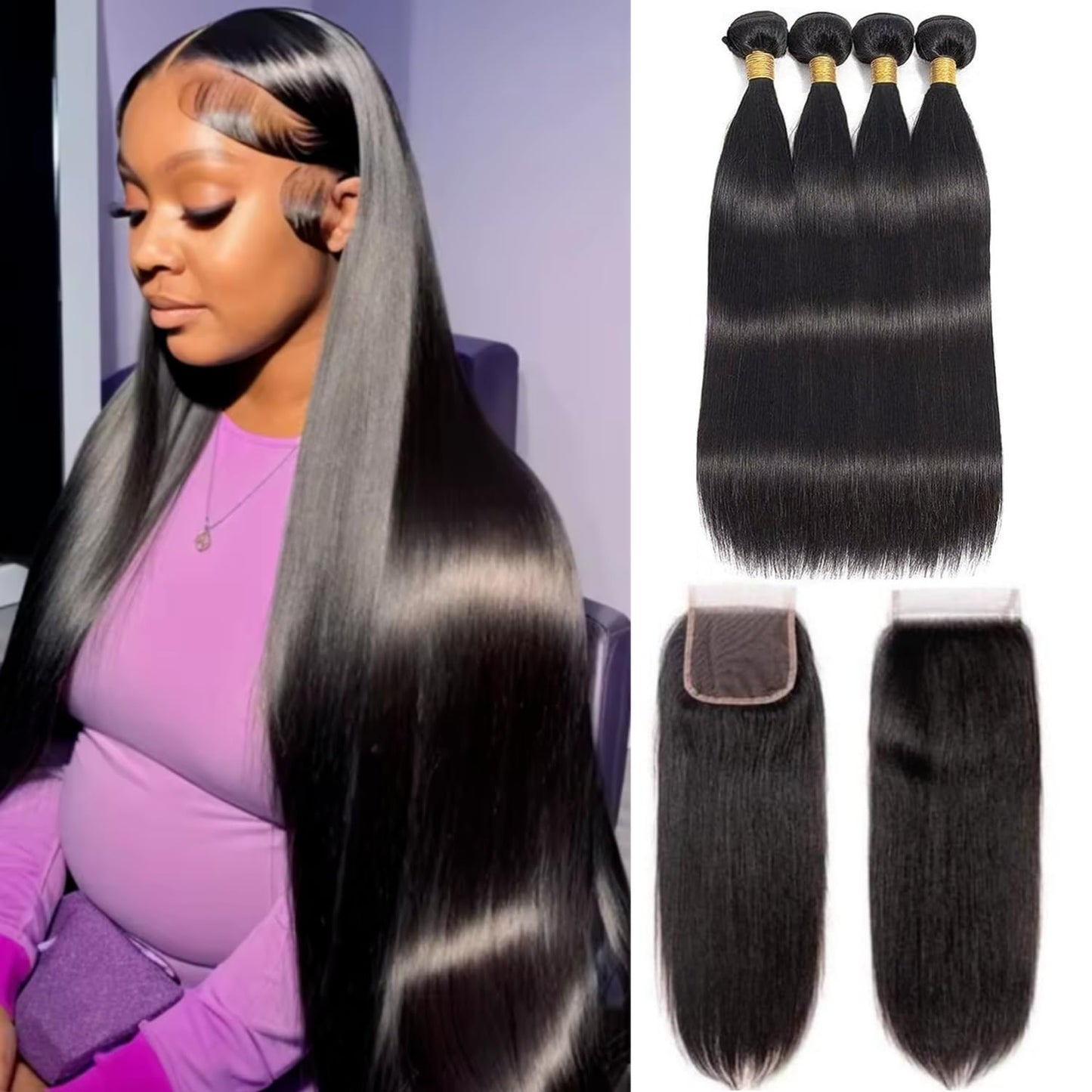 Straight 4 Bundles With Closure Human Hair 18 20 22 24+16 Inch 100% Unprocessed Black Brazilian Hair Extensions Pre Plucked With Baby Hair 4X4 HD Lace Closure