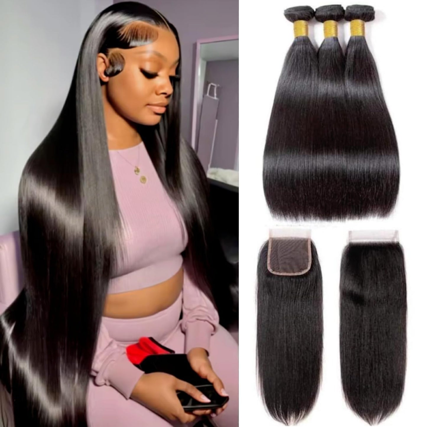 Straight 4 Bundles With Closure Human Hair 18 20 22 24+16 Inch 100% Unprocessed Black Brazilian Hair Extensions Pre Plucked With Baby Hair 4X4 HD Lace Closure