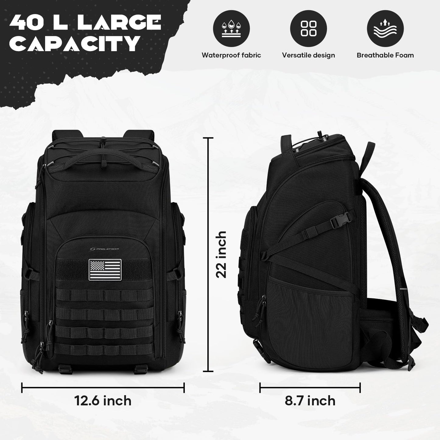 Maelstrom Tactical Backpack for Men, Water Resistant 40L Military Backpack, for Hiking, Camping, Gym with Molle System (Khaki)