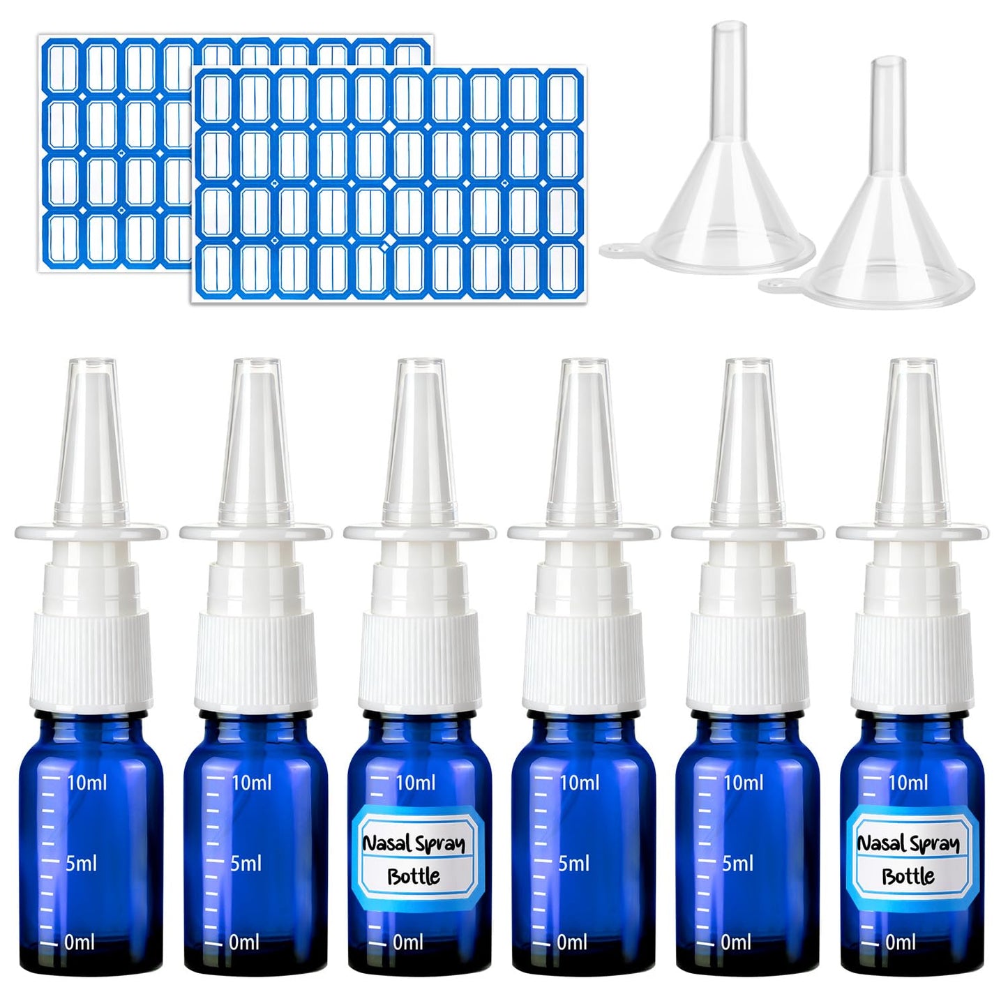 10 Pcs Nasal Spray Bottle, 10ML/0.35OZ 6Pcs Glass Empty Blue Scale Nose Spray Bottles Refillable with 2 Funnels and 2 Labels