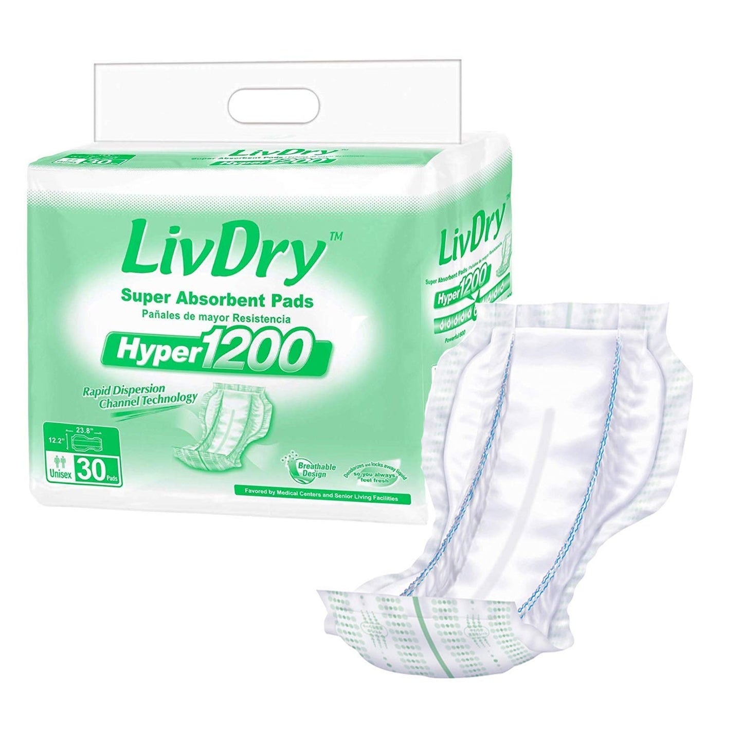 LivDry High Absorbency Pad Insert for Incontinence Briefs and Adult Diapers, Women and Men, Hyper 2400 (18 Count)