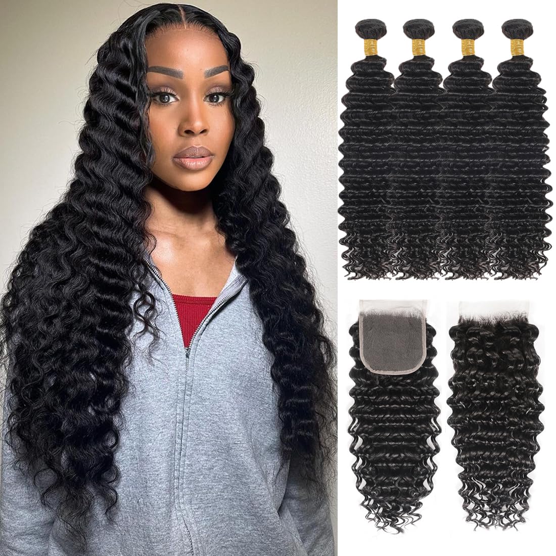 Closure with Bundles (16 18 20 22+14 Closure) Free Part Deep Wave 4 Bundles with 4x4 Lace Closure 100% Unprocessed Brazilian Virgin Remy Hair Curly Bundles Hair Extension Double Weft Natural Color