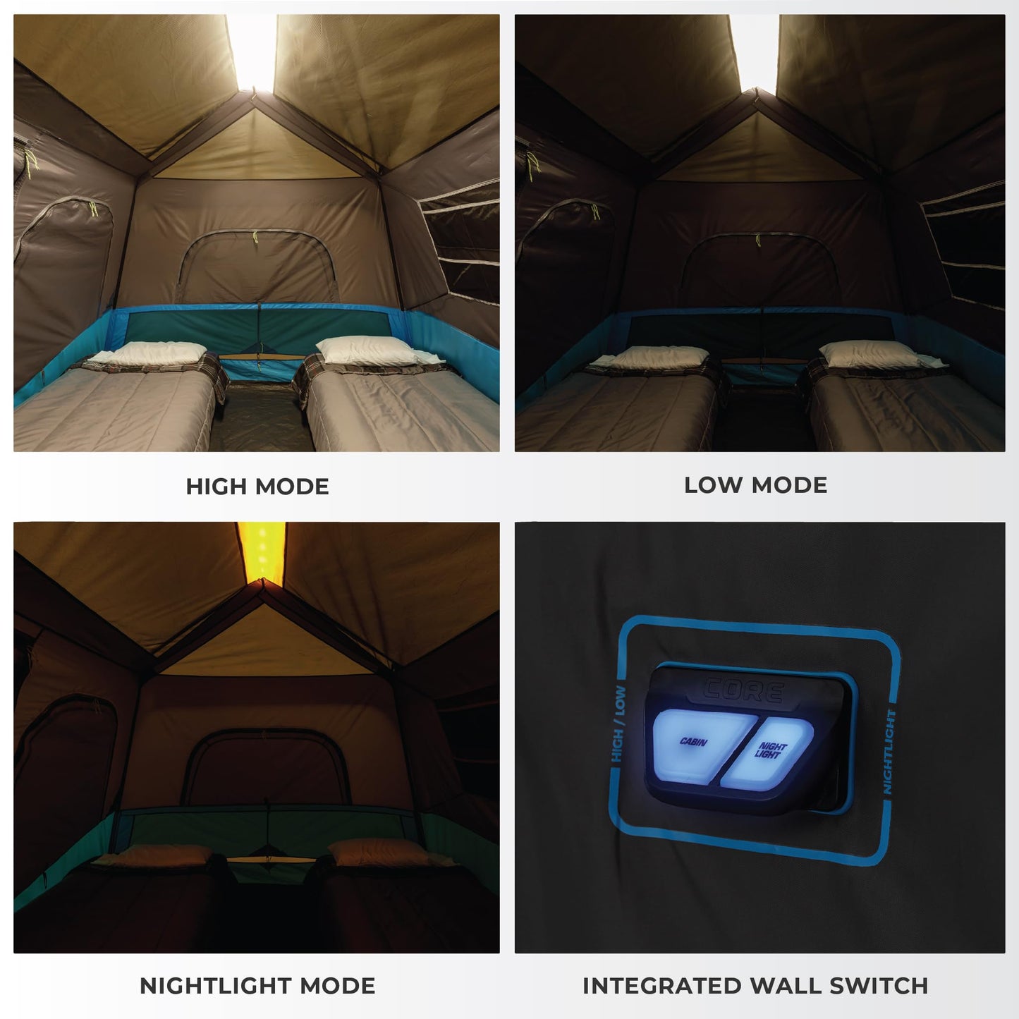 CORE Instant Cabin Tents with LED Lights | Family Multi Room Lighted Pop Up Tents for Camping | Included Storage Pockets for Camping Accessories