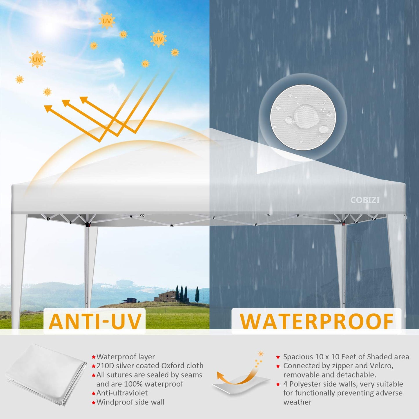 COBIZI 10x20 Pop Up Canopy Tent, Outdoor Party Tent with 4 Sidewalls, 1 Person Easy Set up, Tents for Parties with Fluorescent Strip & 4 Sandbags, Waterproof UPF50+, 3 Adjustable Height, Gray