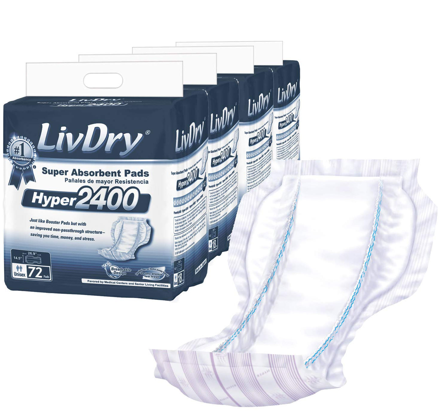 LivDry High Absorbency Pad Insert for Incontinence Briefs and Adult Diapers, Women and Men, Hyper 2400 (18 Count)
