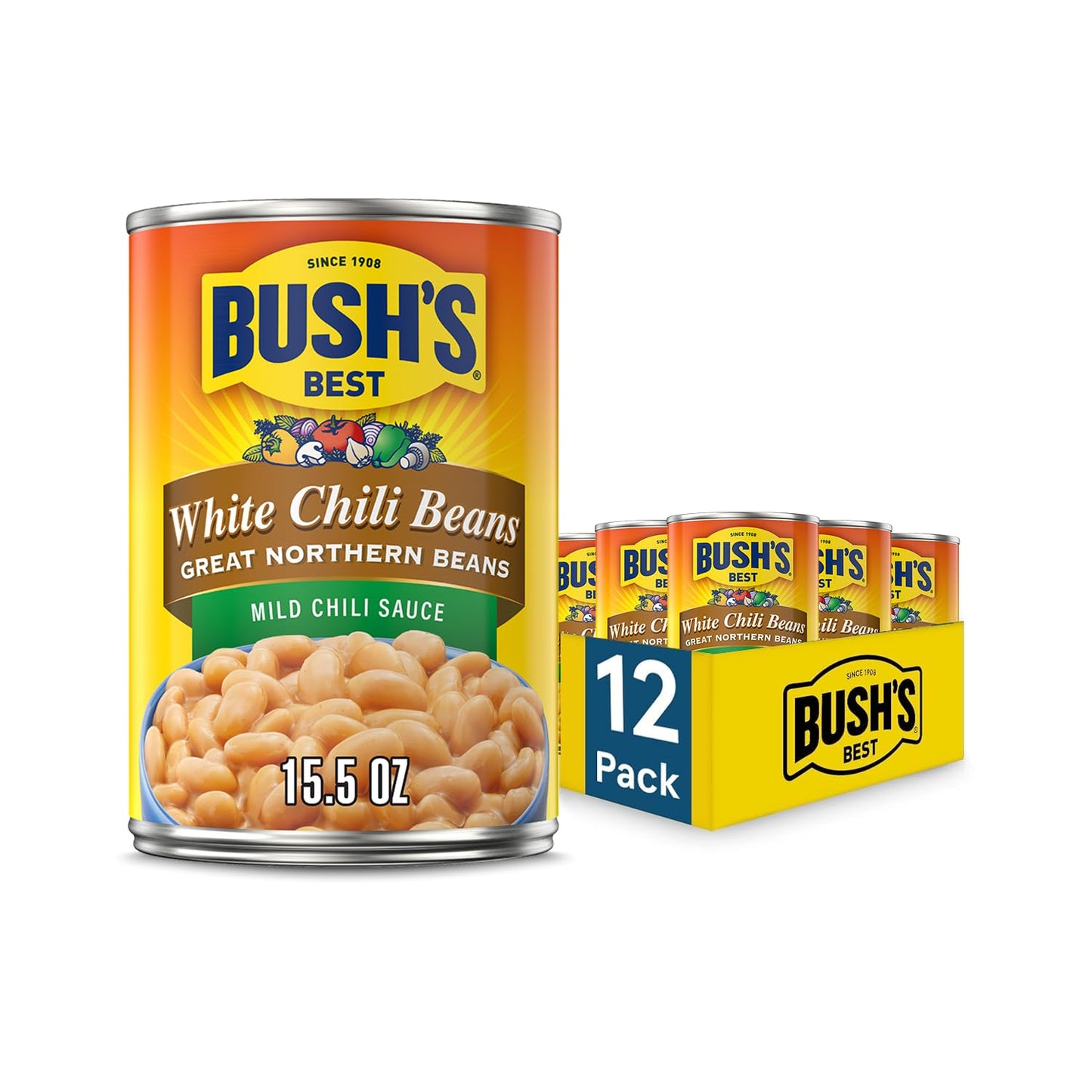 BUSH'S BEST 16 oz Canned Mild Red Chili Beans, Source of Plant Based Protein and Fiber, Low Fat, Gluten Free, (Pack of 12)
