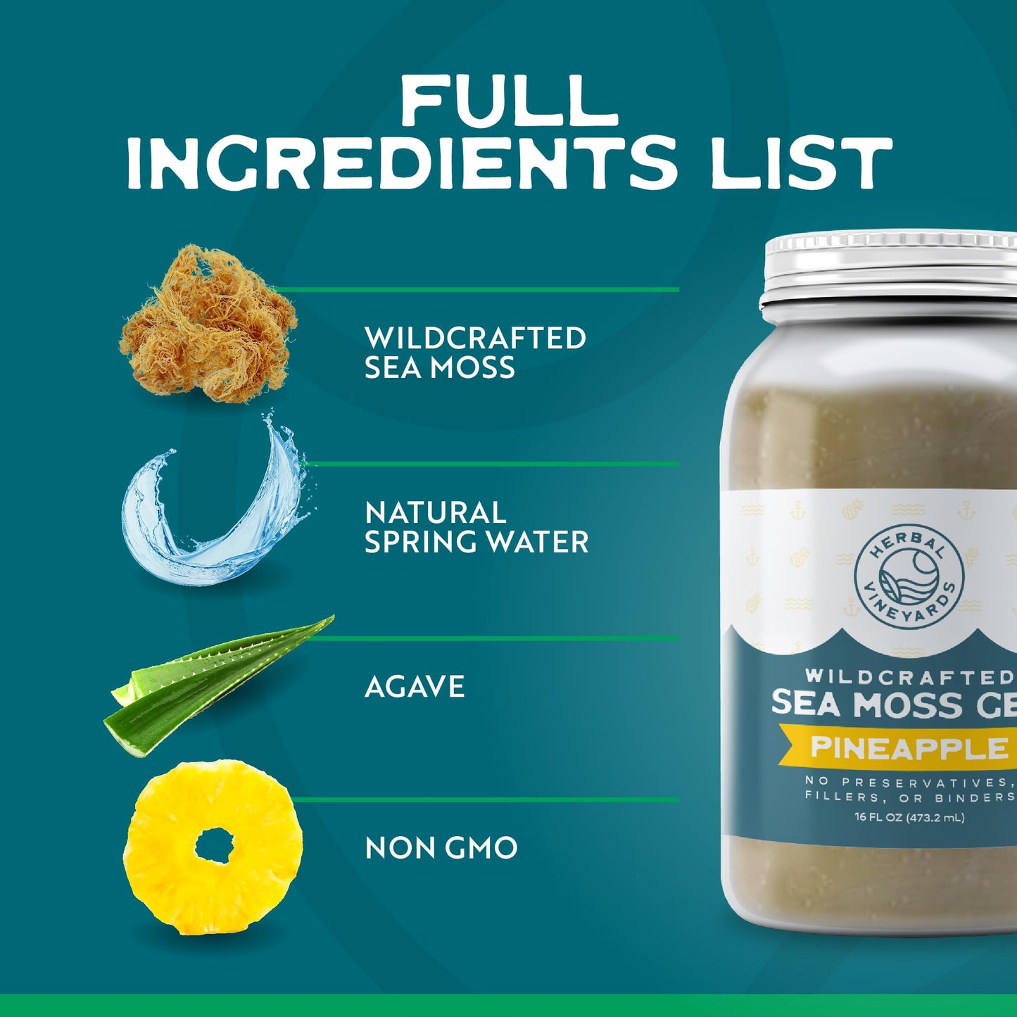 Herbal Vineyards Wildcrafted Irish Pineapple Sea Moss Gel 16 Oz - Organic Seamoss Gel Made with Dried Seaweed & Fresh Sea Vegetables, Natural & Plant-Based, Harvested in Pristine Waters, USA