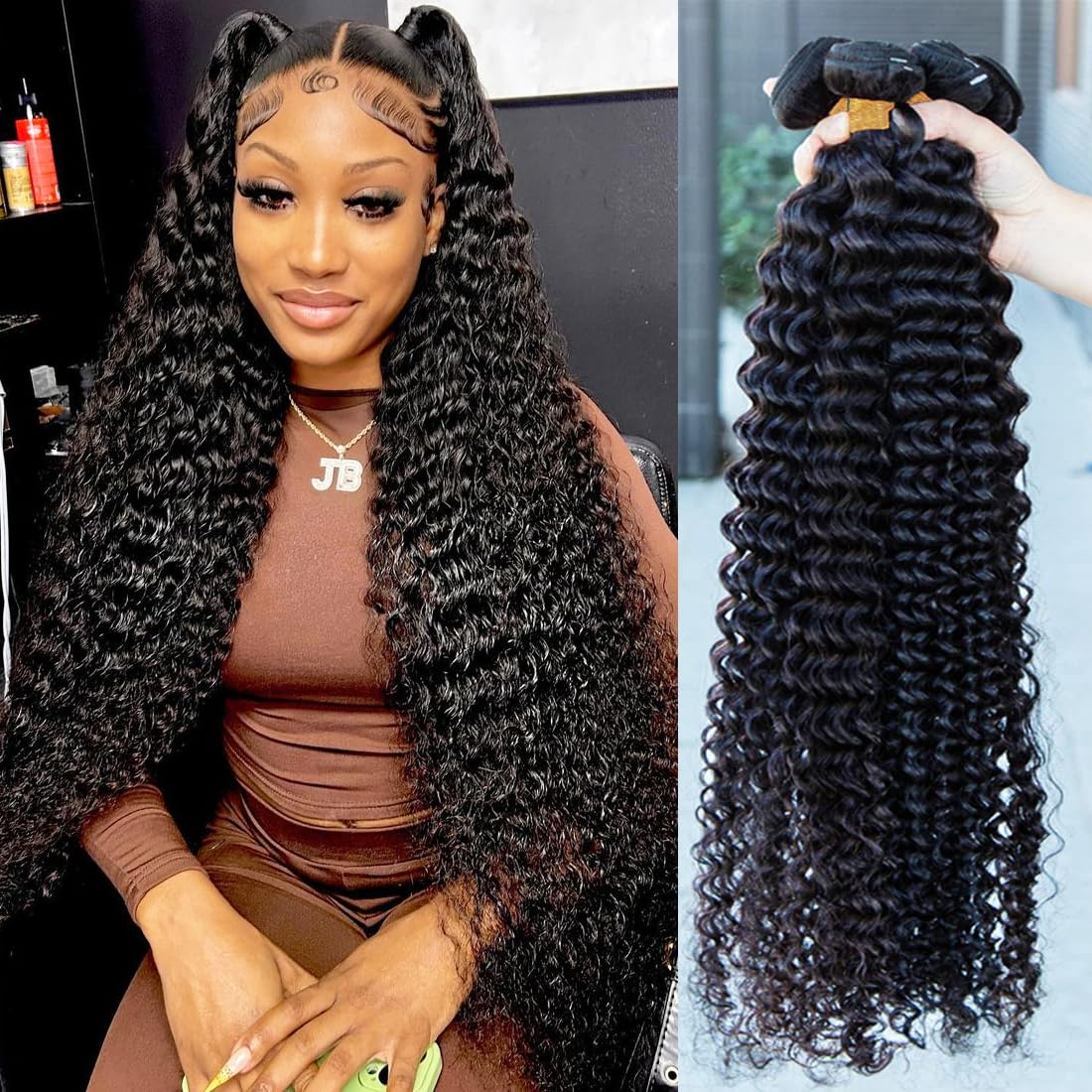 Closure with Bundles (16 18 20 22+14 Closure) Free Part Deep Wave 4 Bundles with 4x4 Lace Closure 100% Unprocessed Brazilian Virgin Remy Hair Curly Bundles Hair Extension Double Weft Natural Color