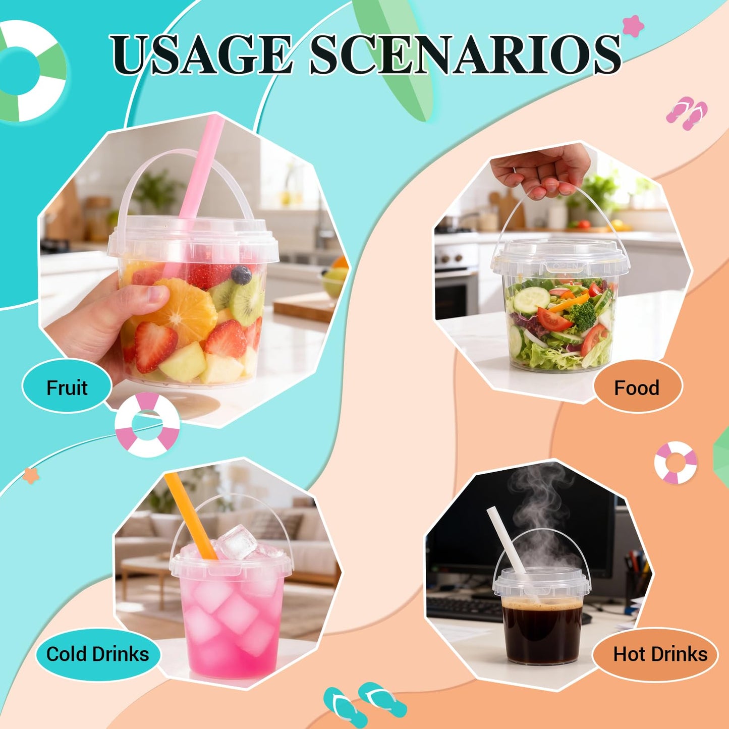 Airtight Clear Plastic Bucket with Lid, Ice Buckets for Parties, Reusable Ice Cream Tub with Handle, Food Storage Container, Food Grade Freezer and Microwave Safe for Sauce, Soup (16 OZ/500 ML)
