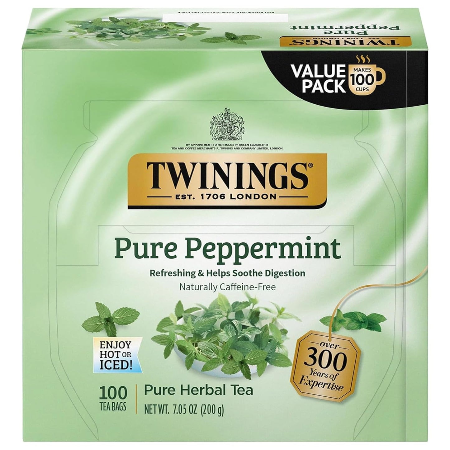 Twinings Pure Green Tea Individually Wrapped Bags, 100 Count (Pack of 1), Smooth & Refreshing, Caffeinated, Enjoy Hot or Iced, 100 Teabags