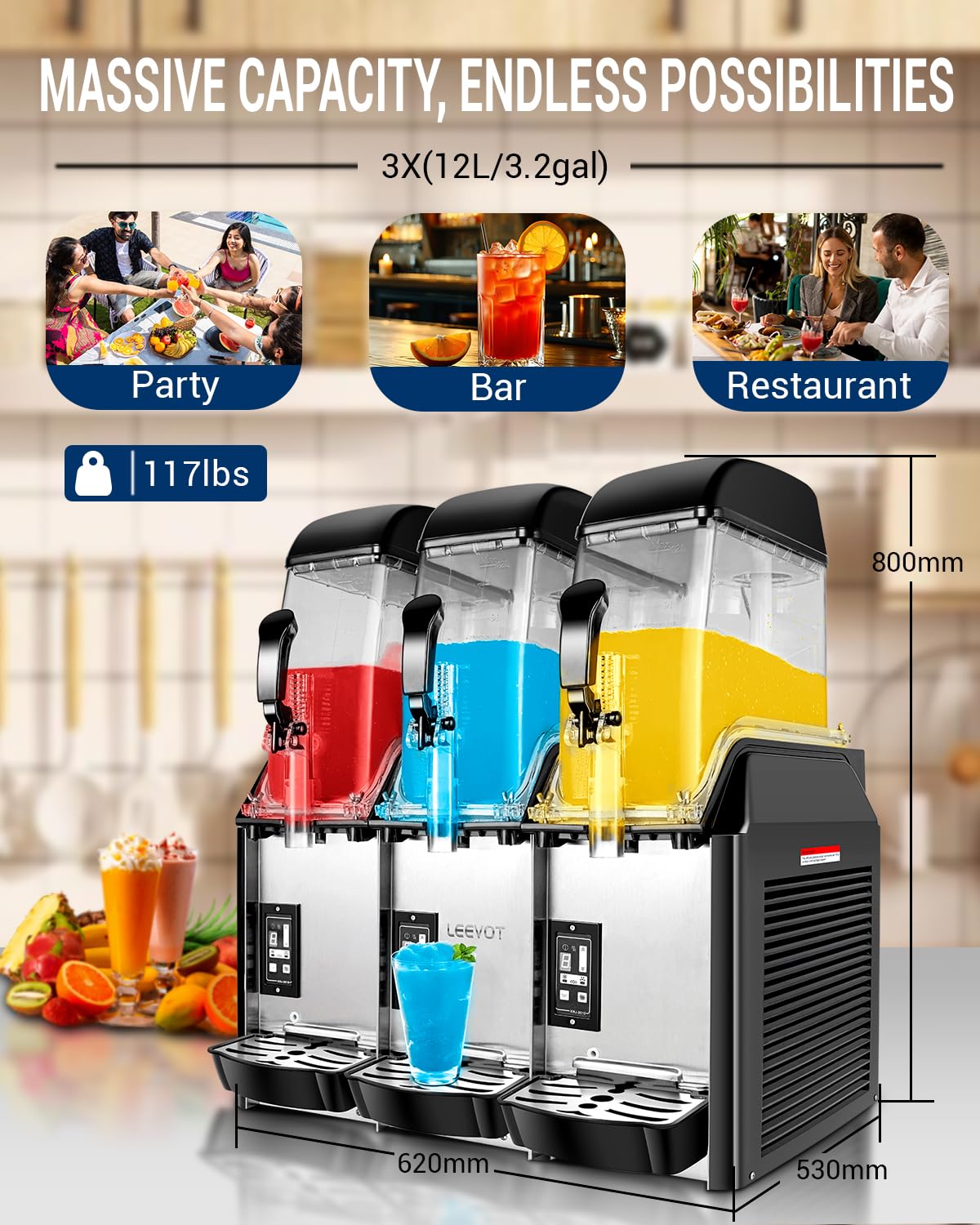 12Lx 3 Tanks Slushy Machine Commercial, Triple Tank Industrial Slushie & Margarita Machine, Large Frozen Drinks Machine to Make Frozen Cocktail, Slush and More for Bar, Restaurant, Party, Event