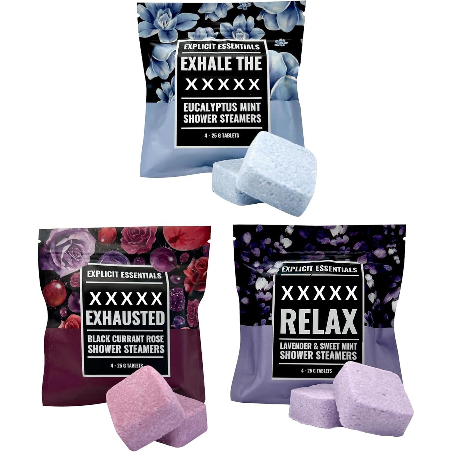 Explicit Essentials Shower Steamers Gift Set | 4 Funny Handmade Aromatherapy Shower Bombs | Relaxation & Stress Relief Spa Gift for Self-Care, Birthdays & Holidays