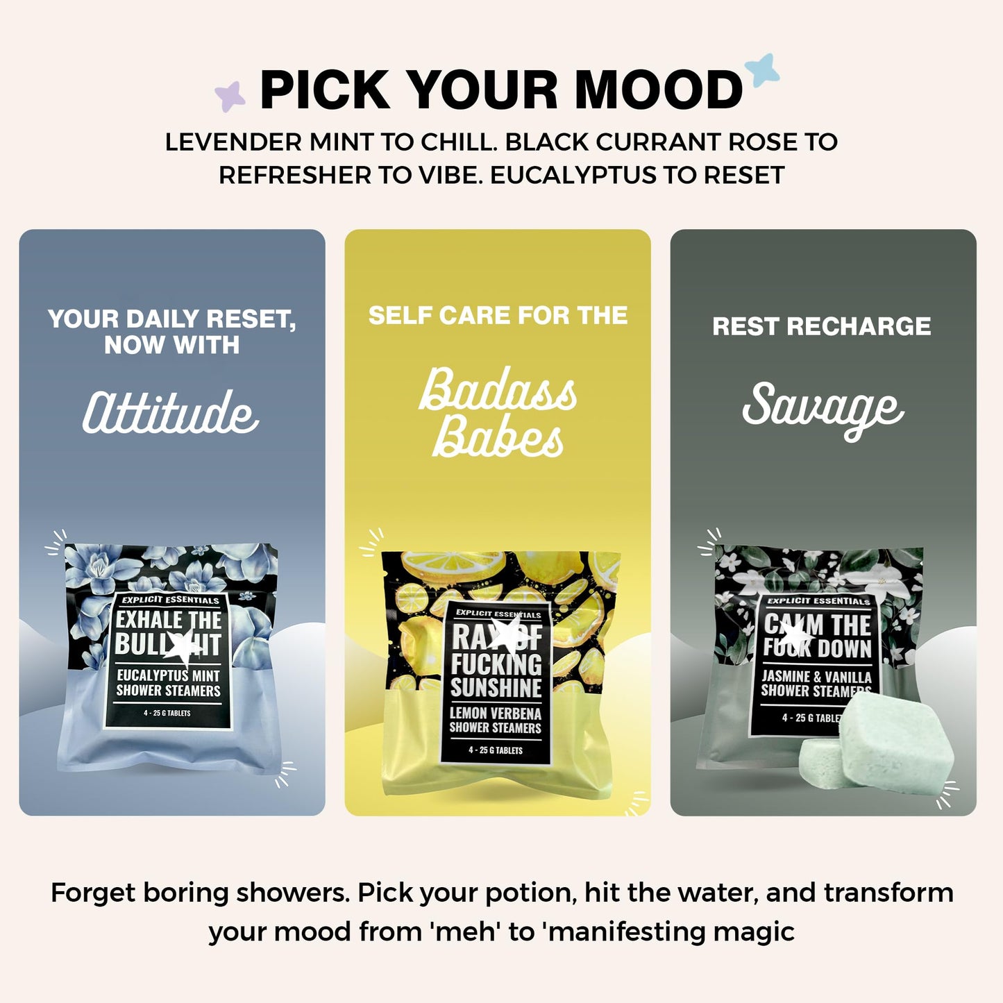 Explicit Essentials Shower Steamers Gift Set | 4 Funny Handmade Aromatherapy Shower Bombs | Relaxation & Stress Relief Spa Gift for Self-Care, Birthdays & Holidays