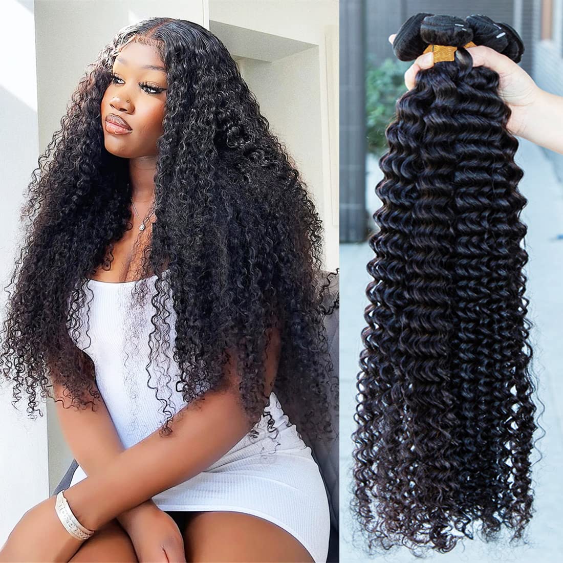 Closure with Bundles (16 18 20 22+14 Closure) Free Part Deep Wave 4 Bundles with 4x4 Lace Closure 100% Unprocessed Brazilian Virgin Remy Hair Curly Bundles Hair Extension Double Weft Natural Color