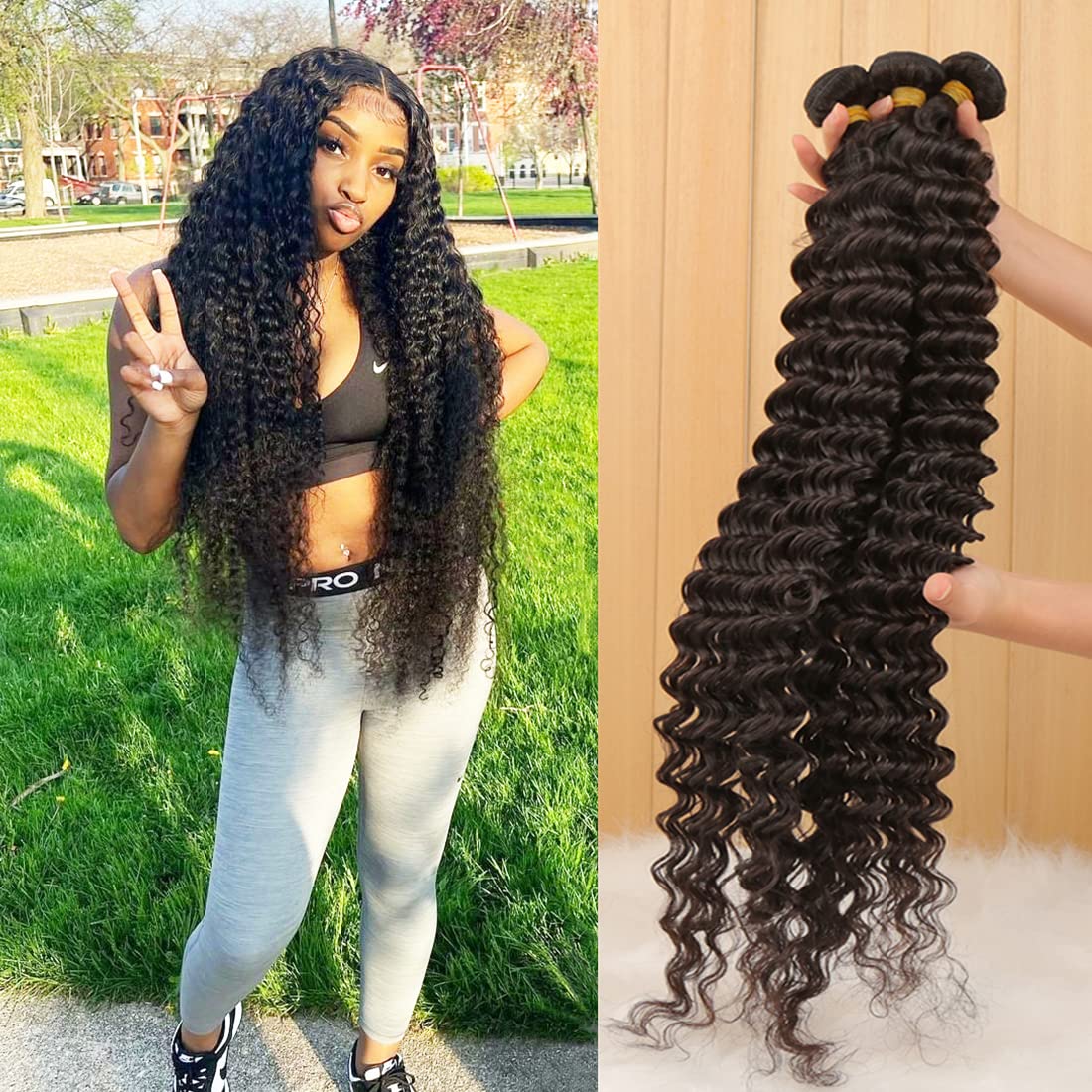 Closure with Bundles (16 18 20 22+14 Closure) Free Part Deep Wave 4 Bundles with 4x4 Lace Closure 100% Unprocessed Brazilian Virgin Remy Hair Curly Bundles Hair Extension Double Weft Natural Color