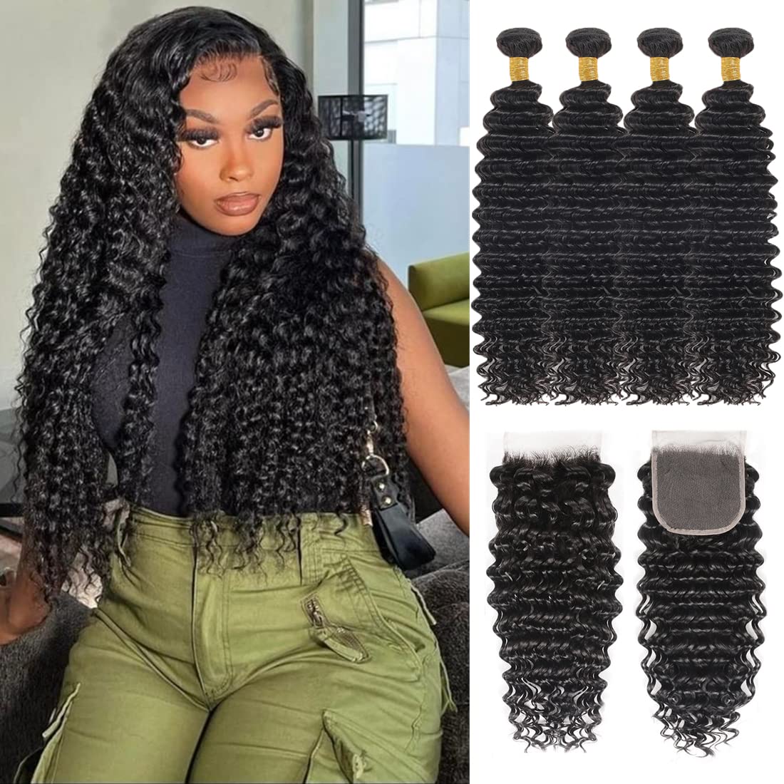 Closure with Bundles (16 18 20 22+14 Closure) Free Part Deep Wave 4 Bundles with 4x4 Lace Closure 100% Unprocessed Brazilian Virgin Remy Hair Curly Bundles Hair Extension Double Weft Natural Color
