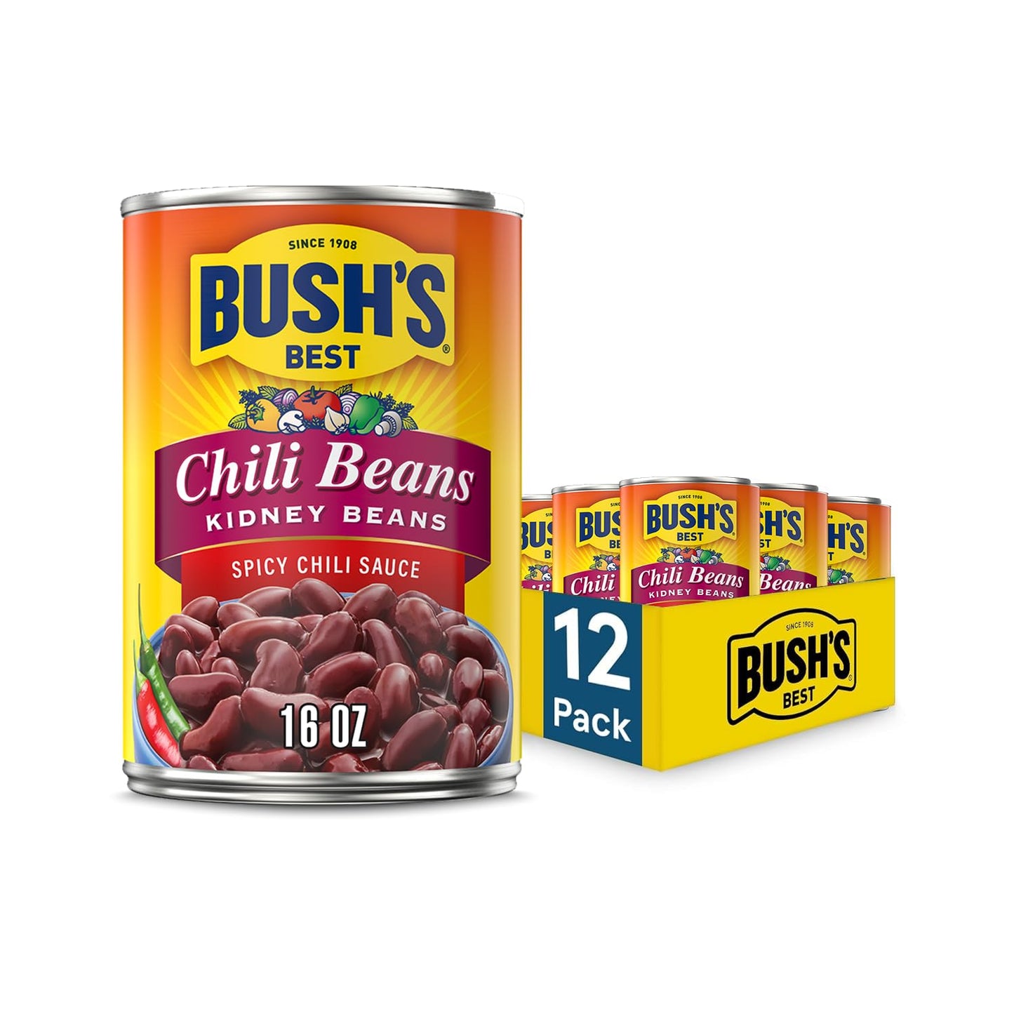 BUSH'S BEST 16 oz Canned Mild Red Chili Beans, Source of Plant Based Protein and Fiber, Low Fat, Gluten Free, (Pack of 12)