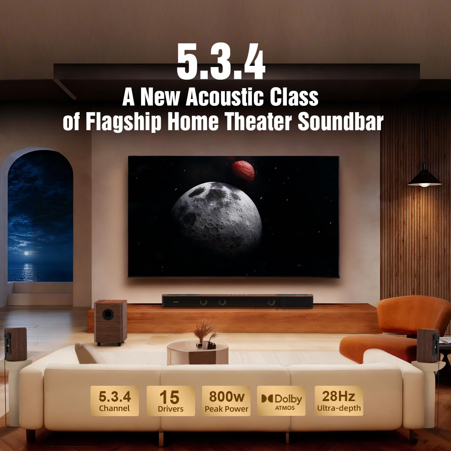 Flagship 5.3.4 Surround Sound System with Dolby Atmos, Soundbar with 2 Wireless Surrounds, 28Hz BassCoupling Tech, 800W Home Theater Sound Bar for Smart TV w/eARC, BT 5.4, Color: Brown