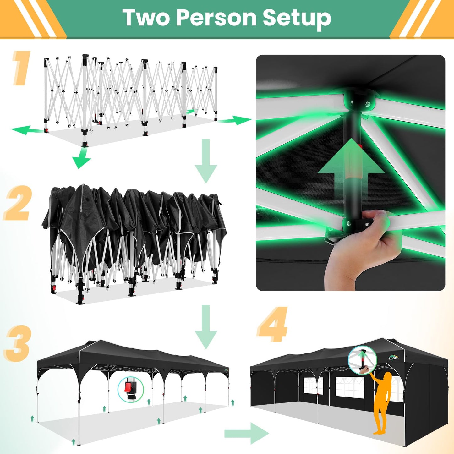 COBIZI 10x20 Pop Up Canopy Tent, Outdoor Party Tent with 4 Sidewalls, 1 Person Easy Set up, Tents for Parties with Fluorescent Strip & 4 Sandbags, Waterproof UPF50+, 3 Adjustable Height, Gray