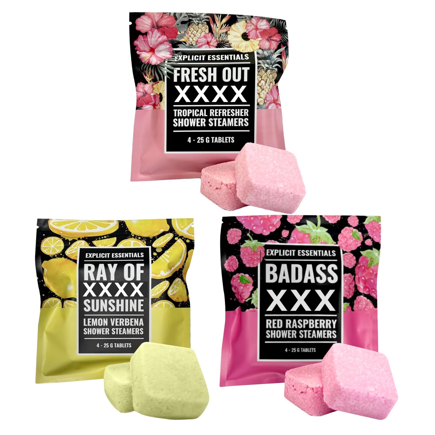 Explicit Essentials Shower Steamers Gift Set | 4 Funny Handmade Aromatherapy Shower Bombs | Relaxation & Stress Relief Spa Gift for Self-Care, Birthdays & Holidays