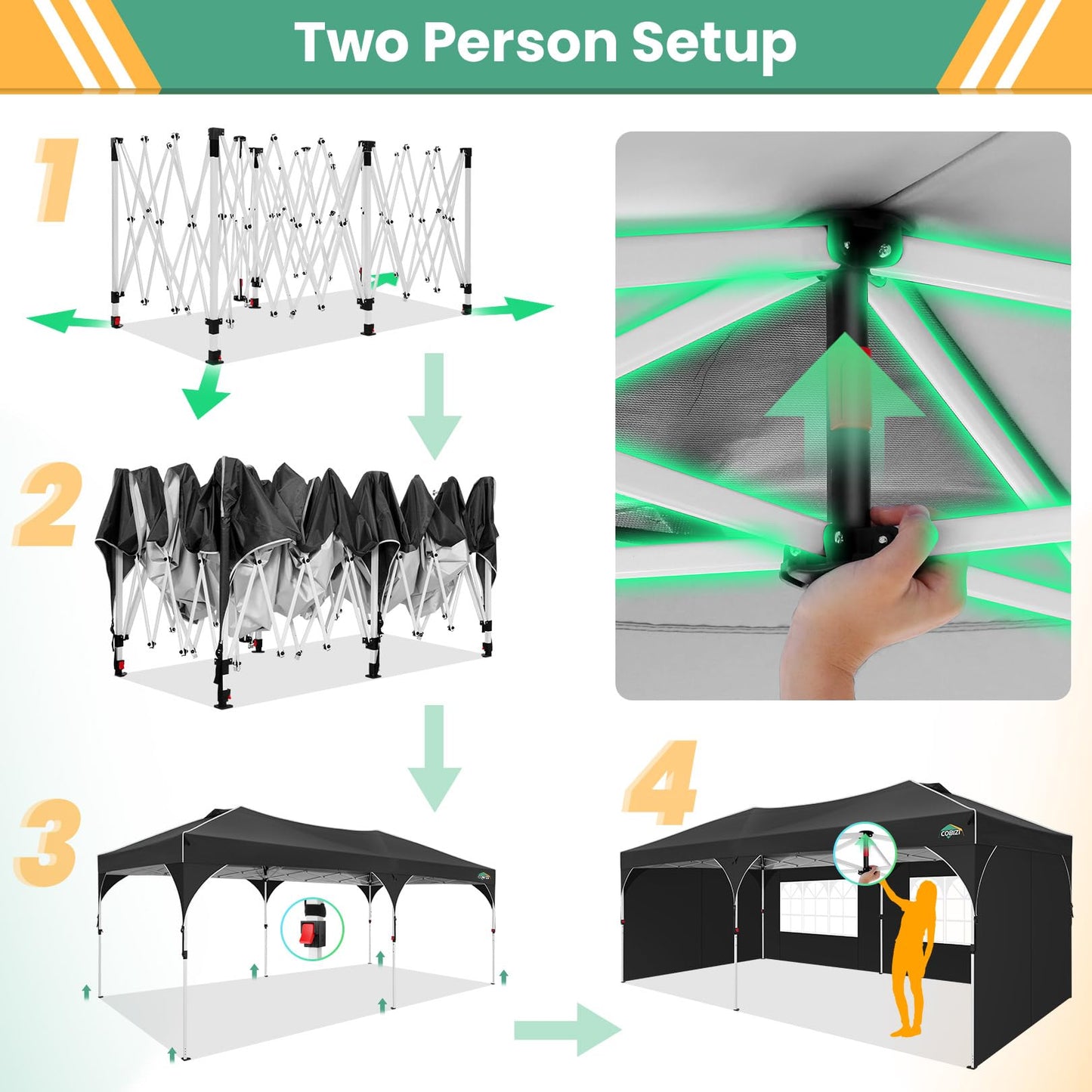 COBIZI 10x20 Pop Up Canopy Tent, Outdoor Party Tent with 4 Sidewalls, 1 Person Easy Set up, Tents for Parties with Fluorescent Strip & 4 Sandbags, Waterproof UPF50+, 3 Adjustable Height, Gray