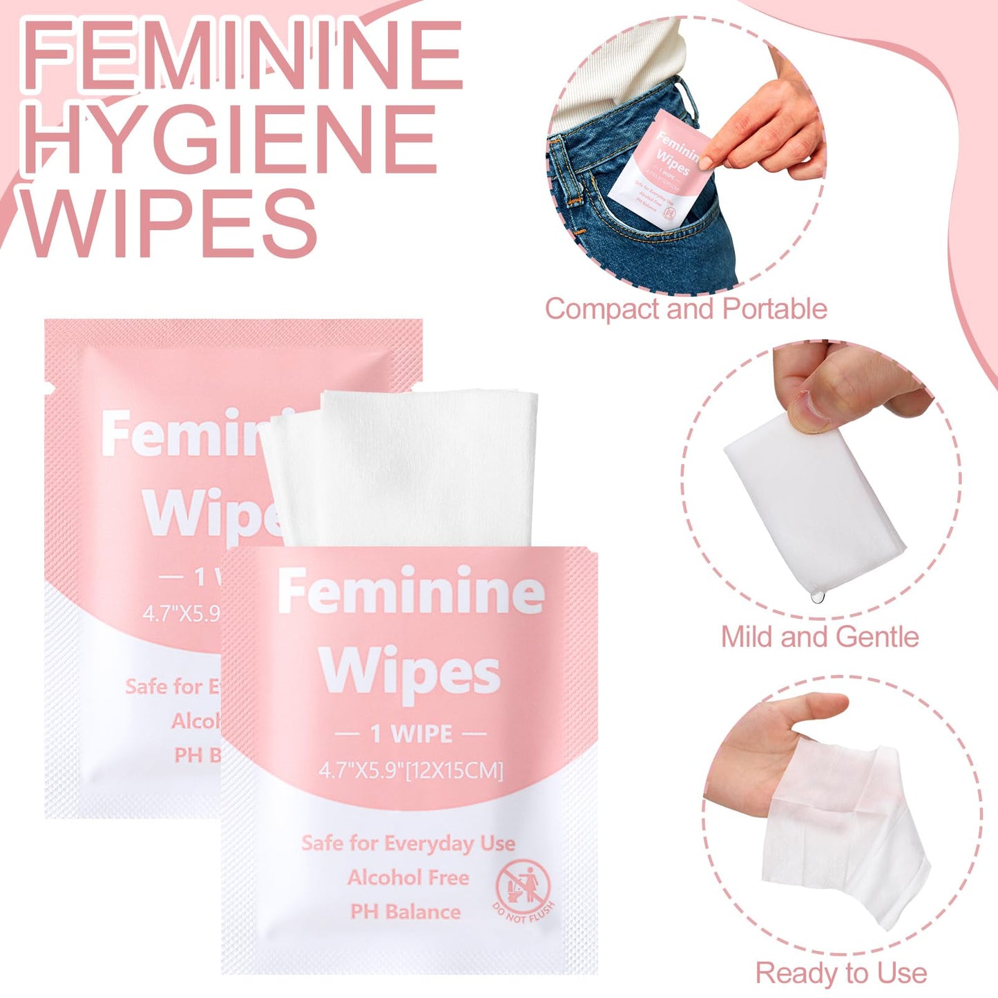 300 Pieces Feminine Wipes Individually Wrapped Women Travel Size Bulk Unscented Intimate Wipes Mild Private Parts Ph Balanced for Travel Bathroom Toilet Daily(Green)