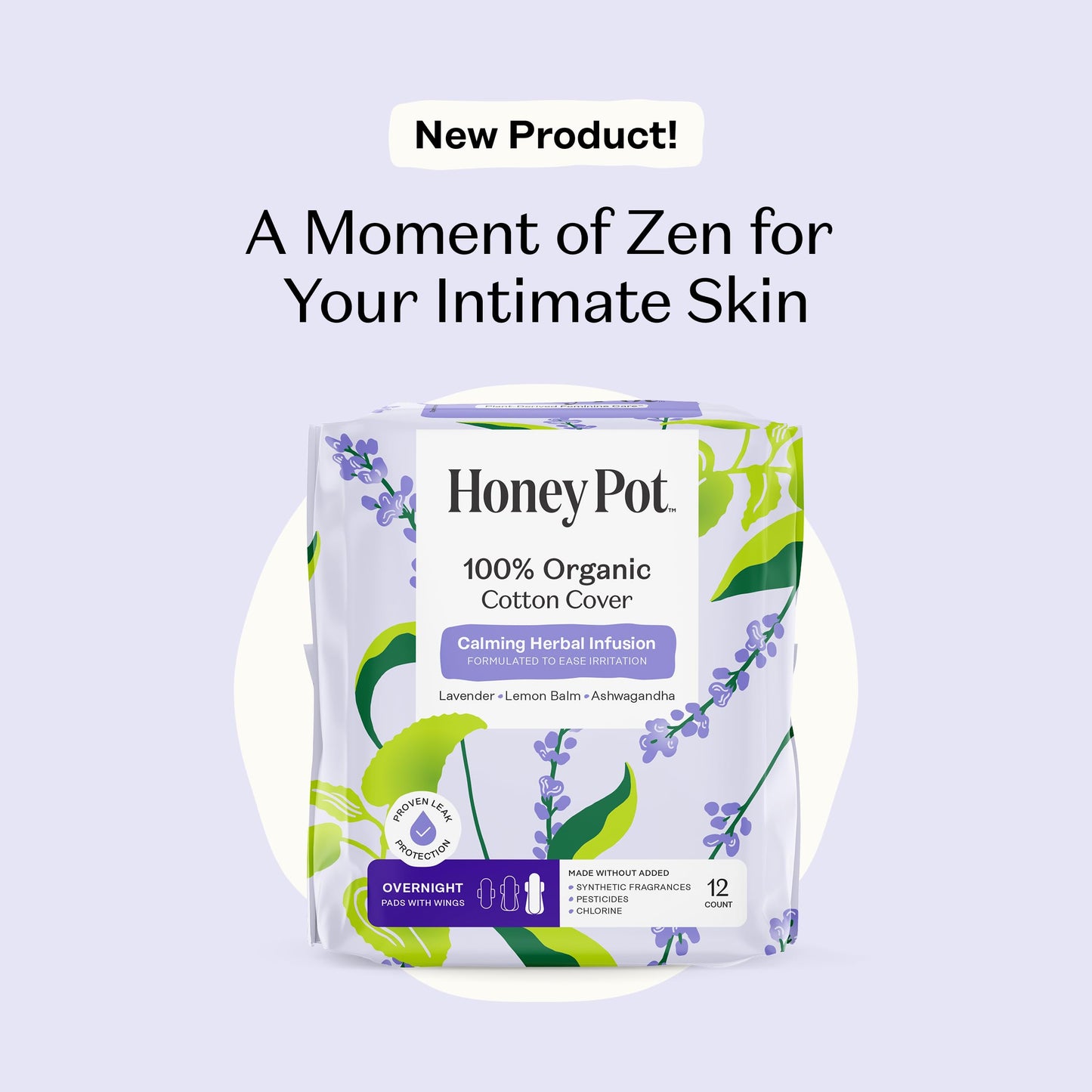 Honey Pot - Calming Herbal Super Sanitary Pads for Women - 100% Organic Cotton Top Sheet - Feminine Care - Non Cooling - Calming Herbs of Lavender, Ashwagandha, & Lemon Balm - 16ct