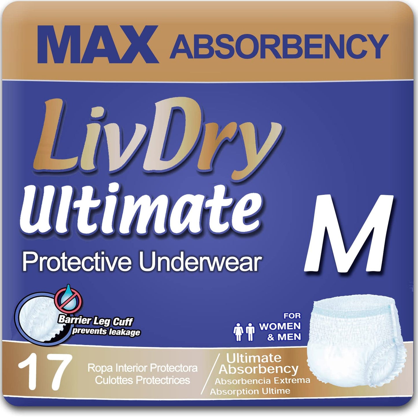 LivDry Ultimate XL Adult Incontinence Underwear, Max Absorbent Adult Diapers with Leak Protection, X-Large, 12-Pack
