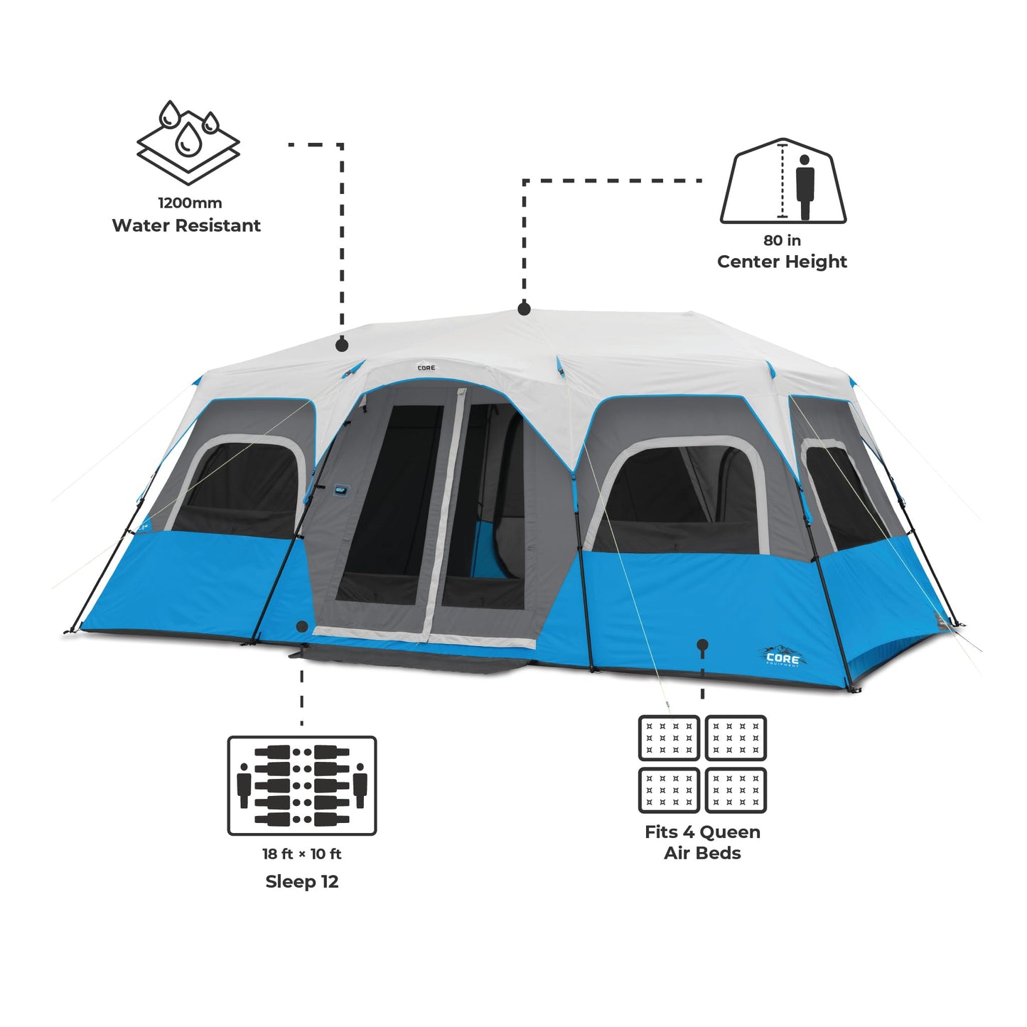 CORE Instant Cabin Tents with LED Lights | Family Multi Room Lighted Pop Up Tents for Camping | Included Storage Pockets for Camping Accessories