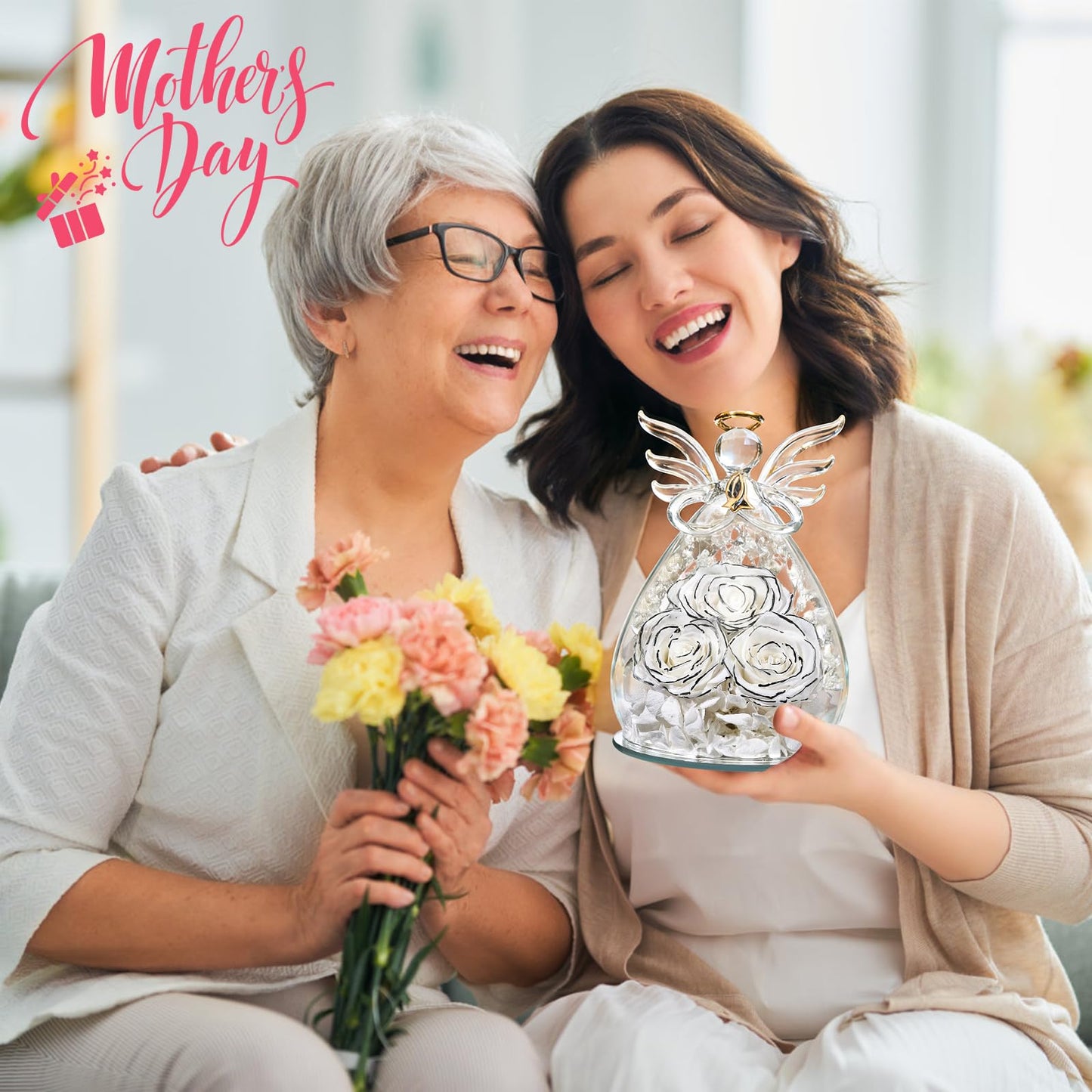 Beferr Mothers Day Mom Birthday Gifts for Women, Fresh Flowers for Delivery Forever Preserved Rose in Glass Angel Figurine, Anniversary Christian Real Rose for Grandma Nana Wife Mum from Daughter Son