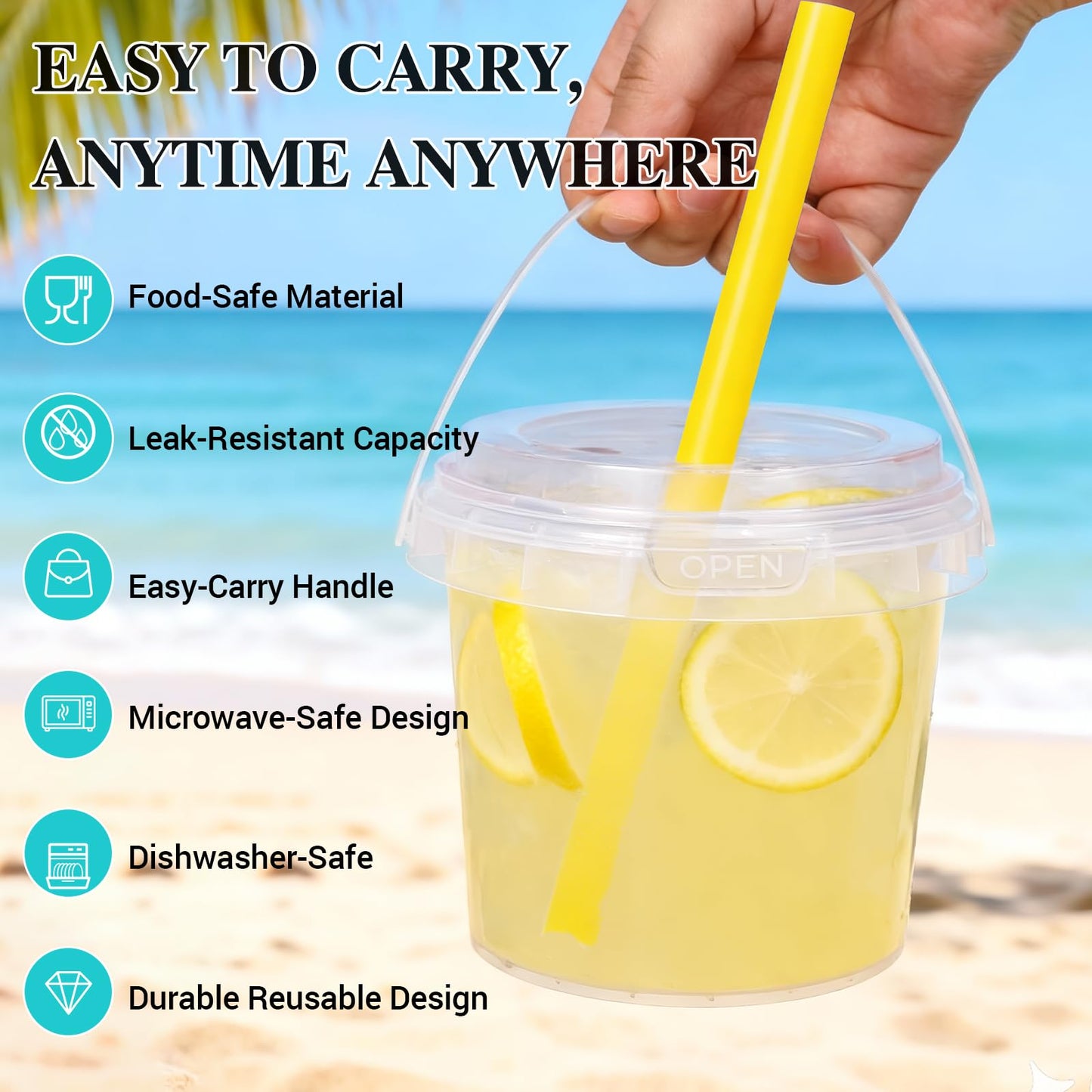 Airtight Clear Plastic Bucket with Lid, Ice Buckets for Parties, Reusable Ice Cream Tub with Handle, Food Storage Container, Food Grade Freezer and Microwave Safe for Sauce, Soup (16 OZ/500 ML)