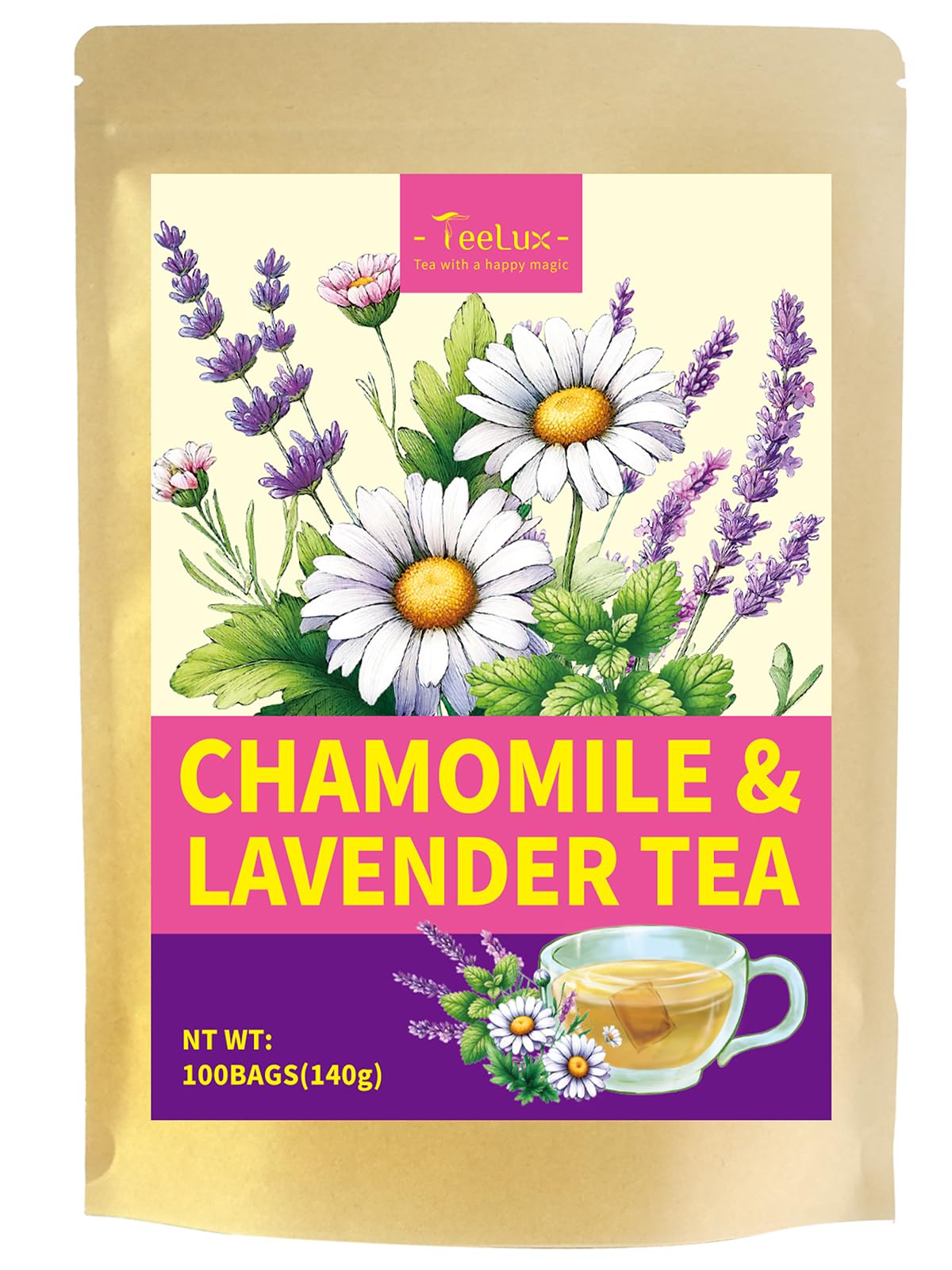 TeeLux Chamomile Tea Bags, 1.5g/bag, Pure Natural Chamomile Flowers Herbal Tea, Caffeine Free, 100 Count